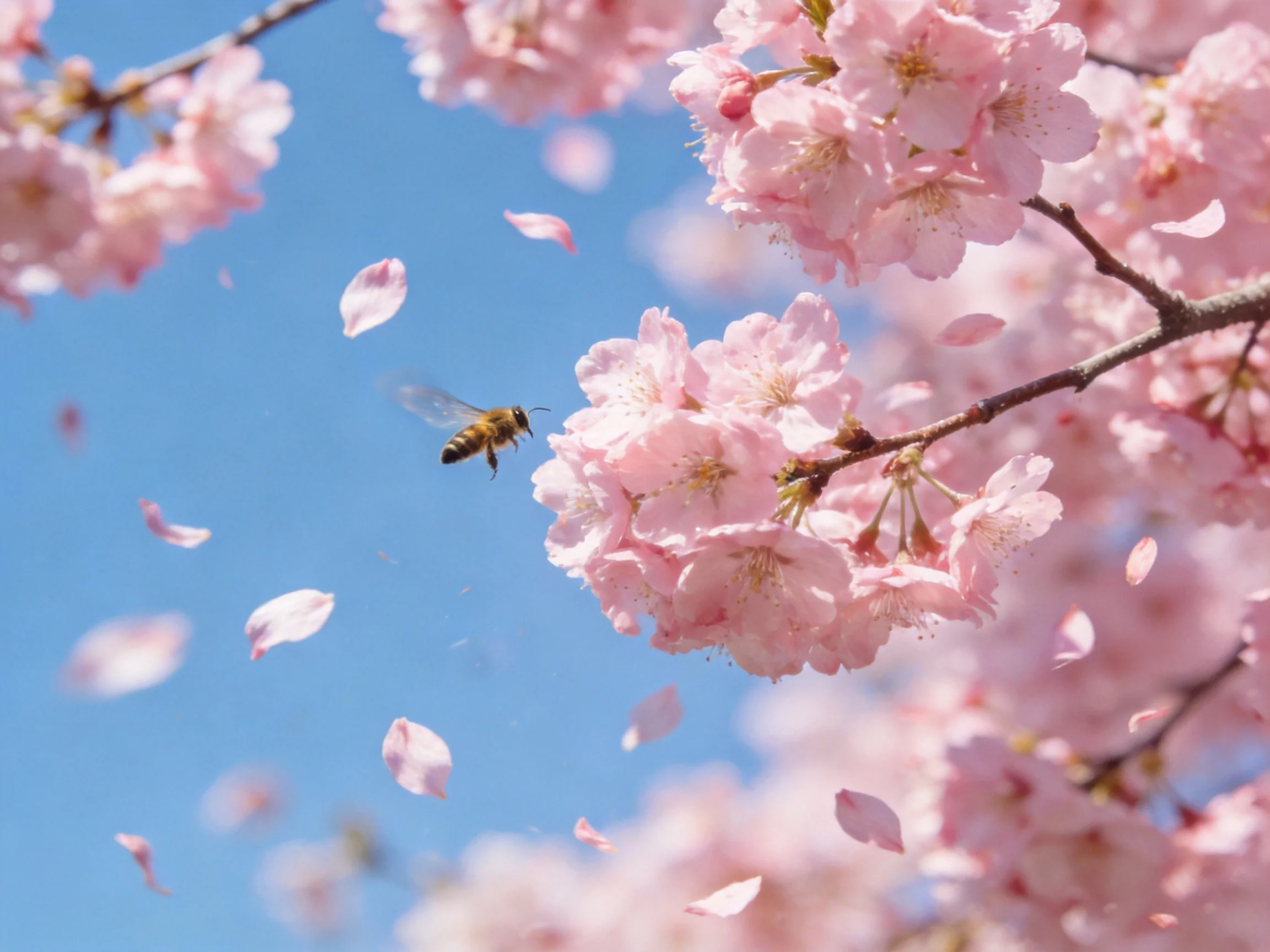 Pink cherry blossoms bloom with a bee amid falling petals under blue sky
