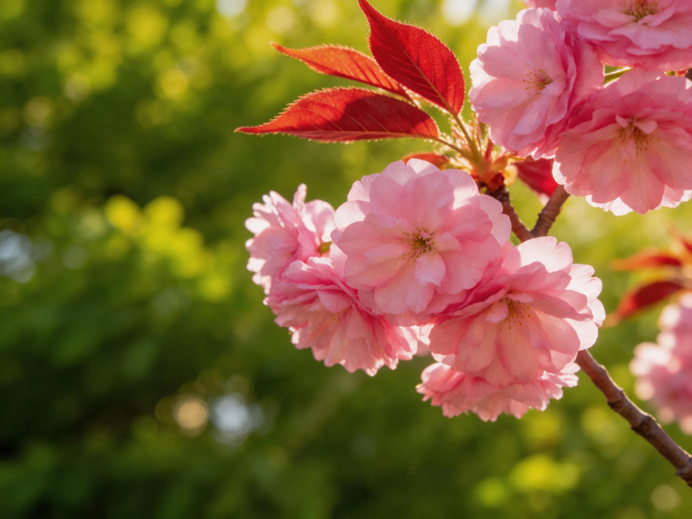Pink cherry blossoms bloom with vibrant red leaves and soft green backdrop.