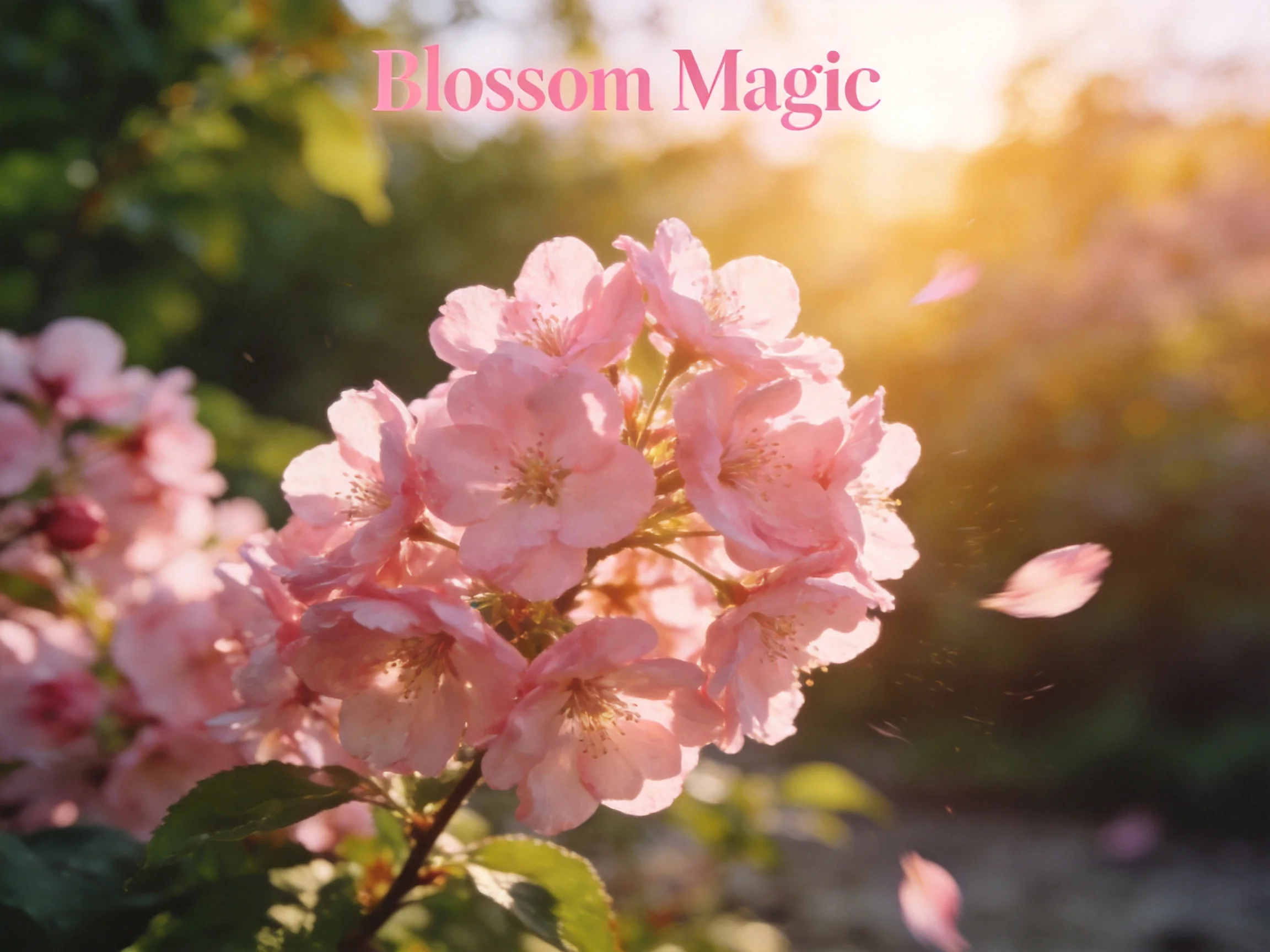 Pink cherry blossoms glowing under golden sunlight