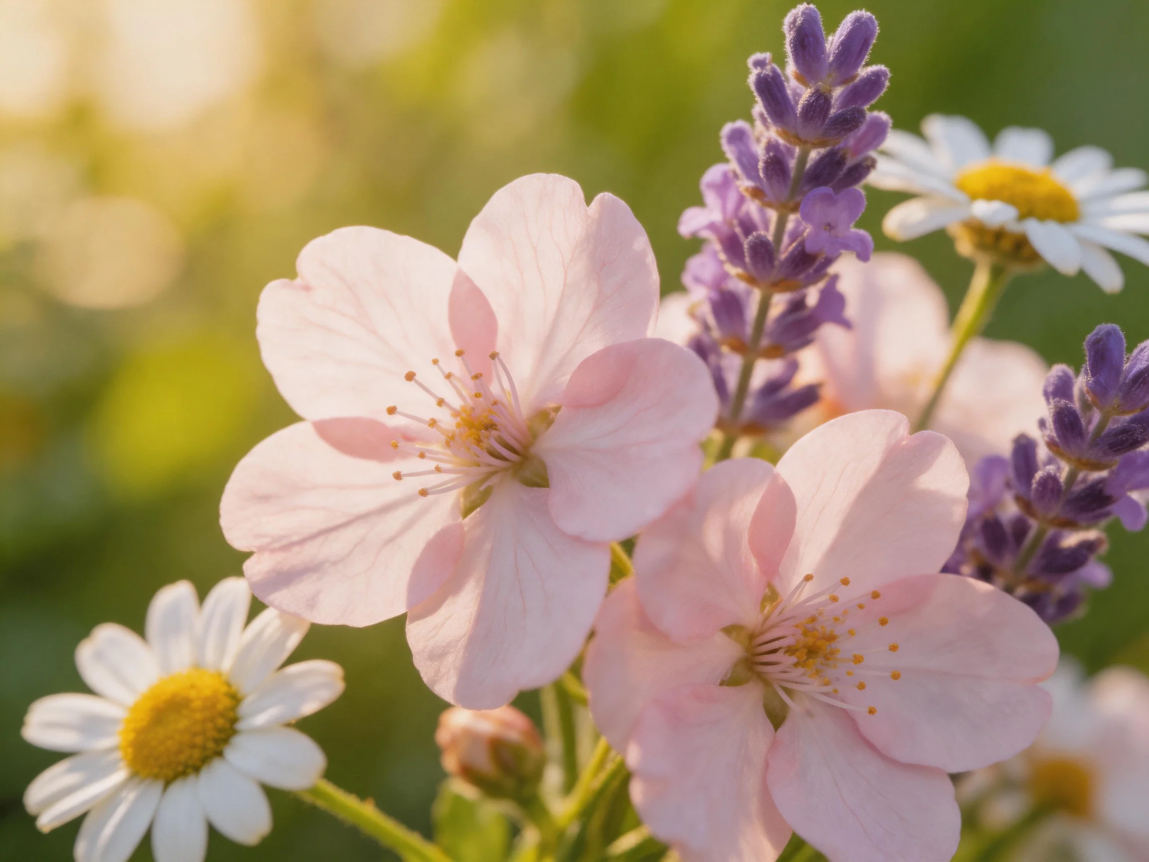 Pink cherry blossoms, purple lavender, and white daisies bloom in soft sunlight.