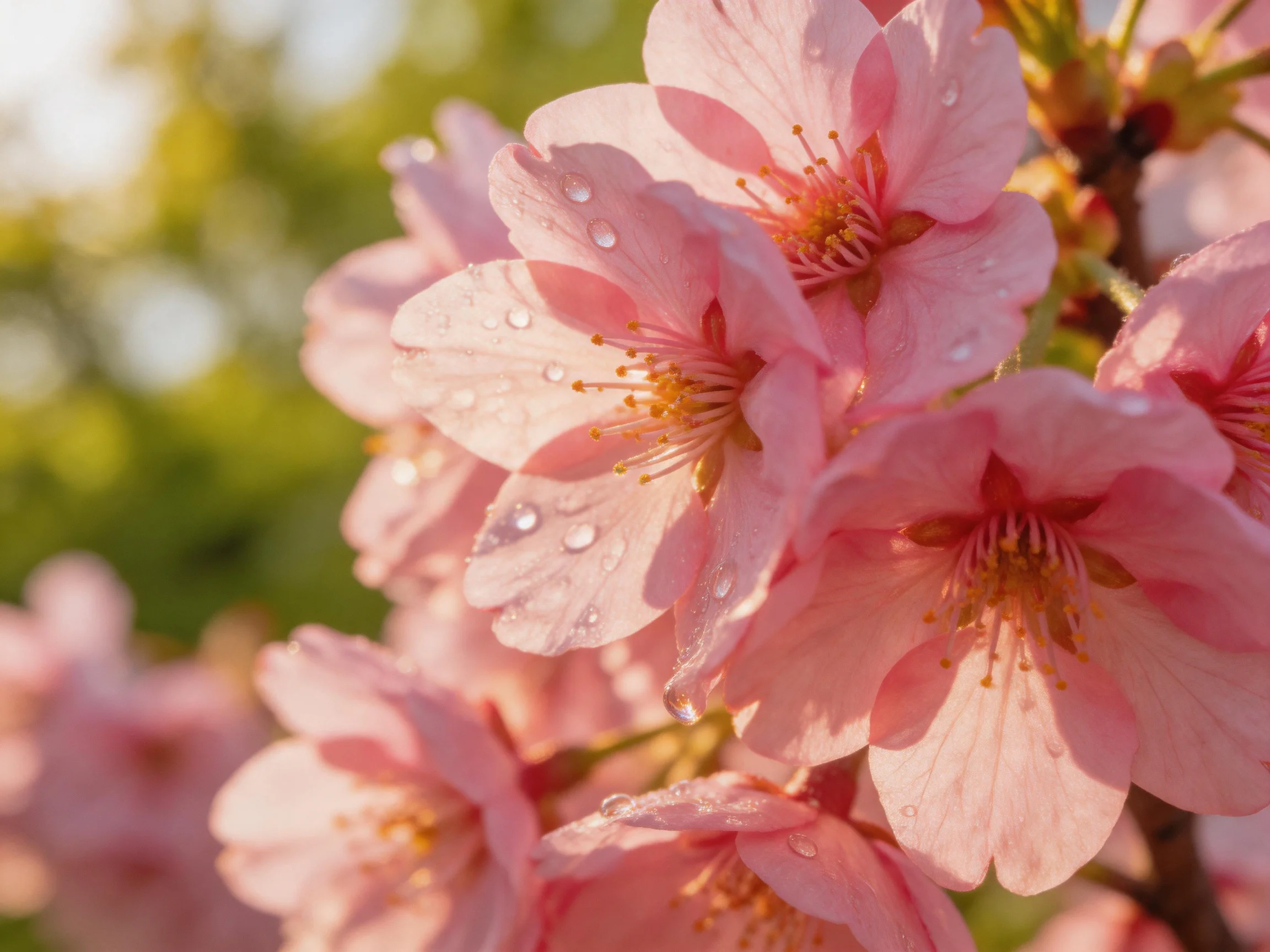 Pink cherry blossoms with water droplets, soft natural light, delicate petals