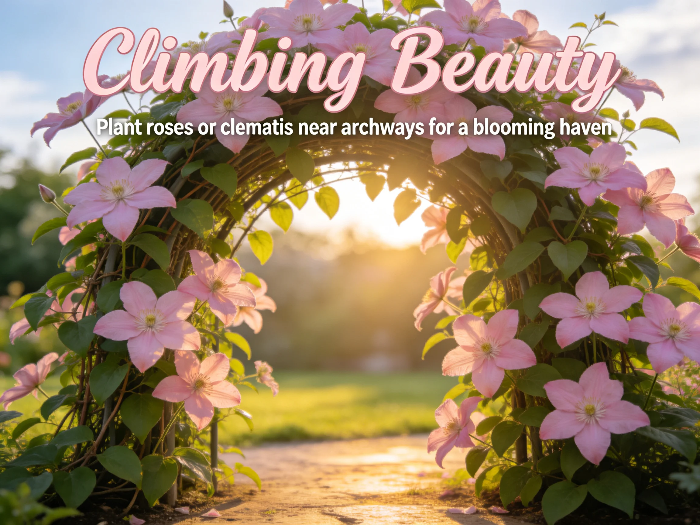 Pink clematis climbing an archway with golden sunlight