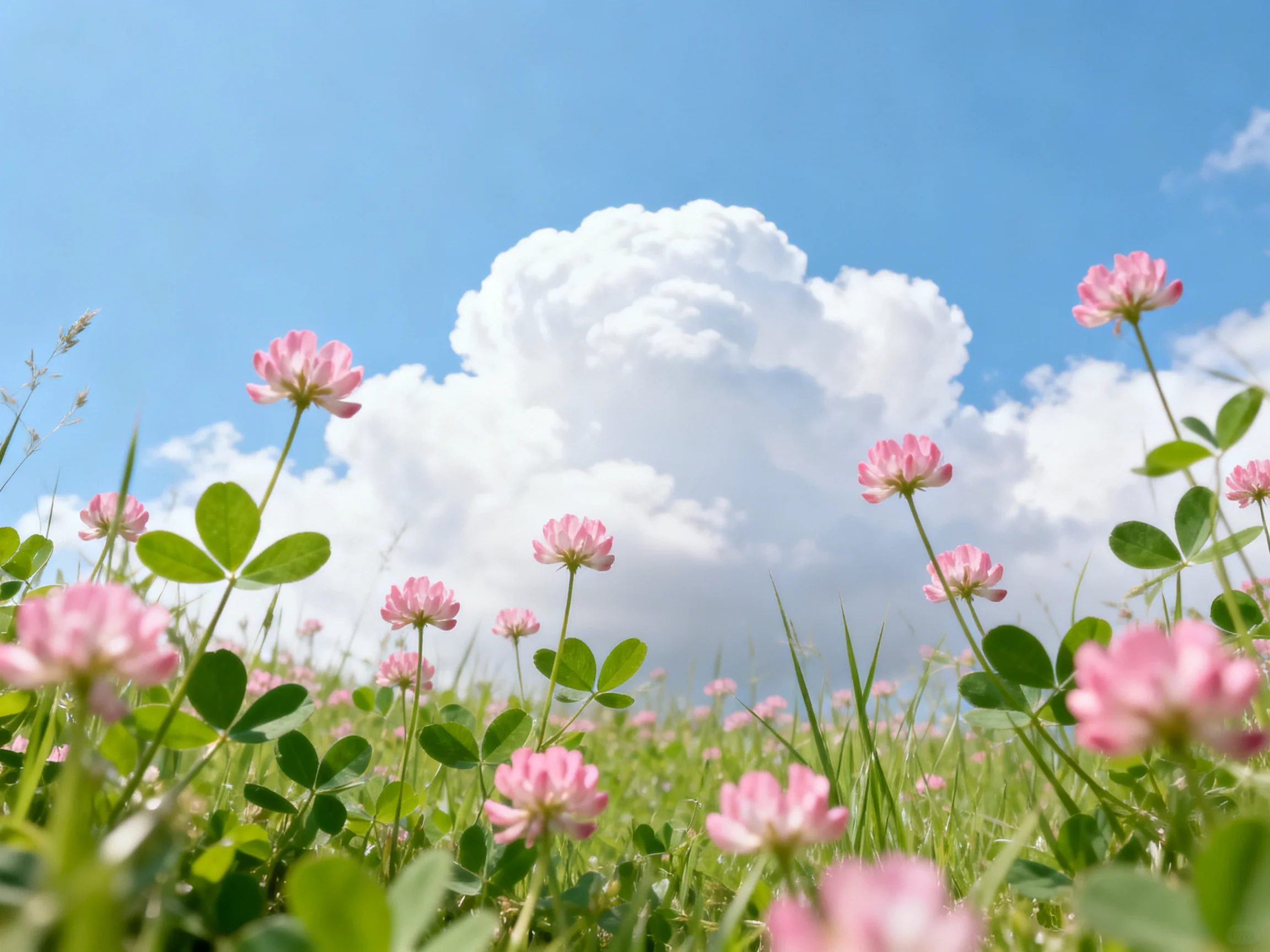 Pink clover flowers bloom in a sunny meadow with blue sky and white clouds