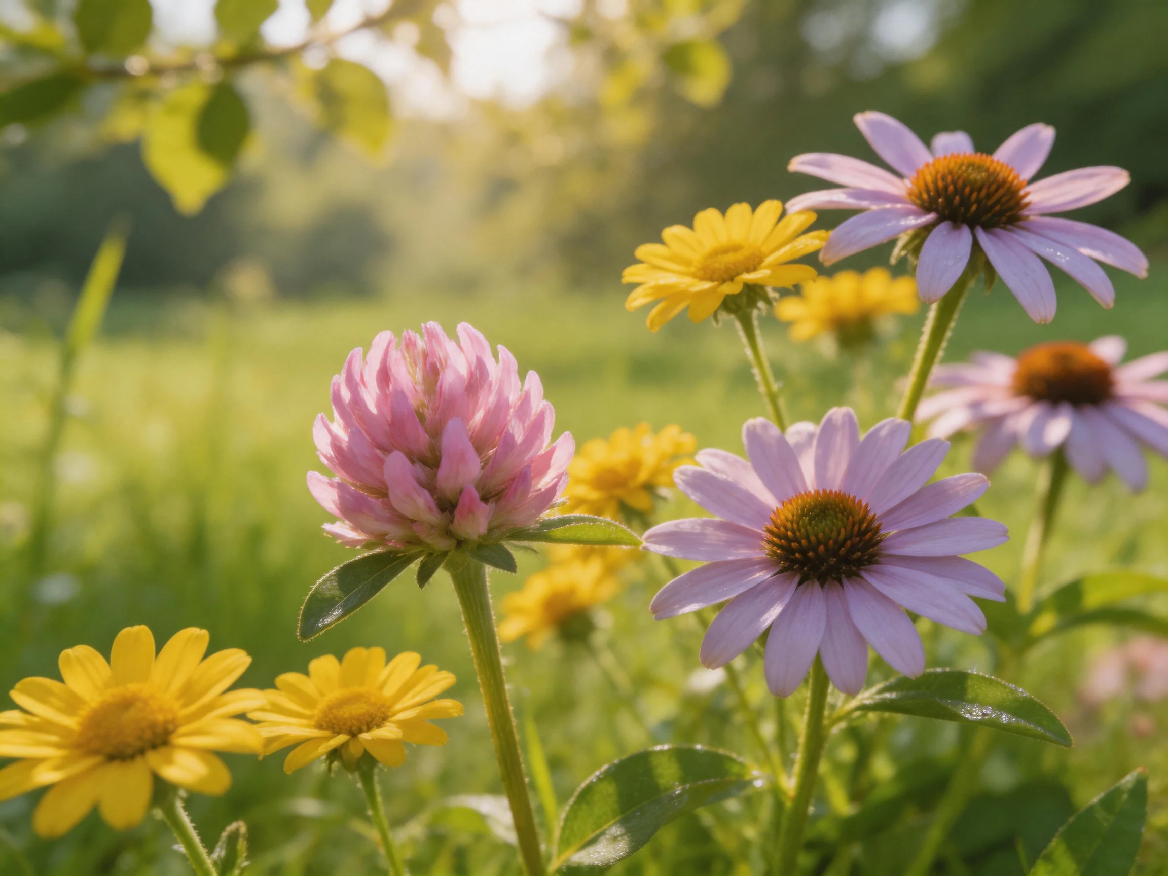 Pink clover, purple coneflowers, and yellow daisies bloom in a sunlit meadow
