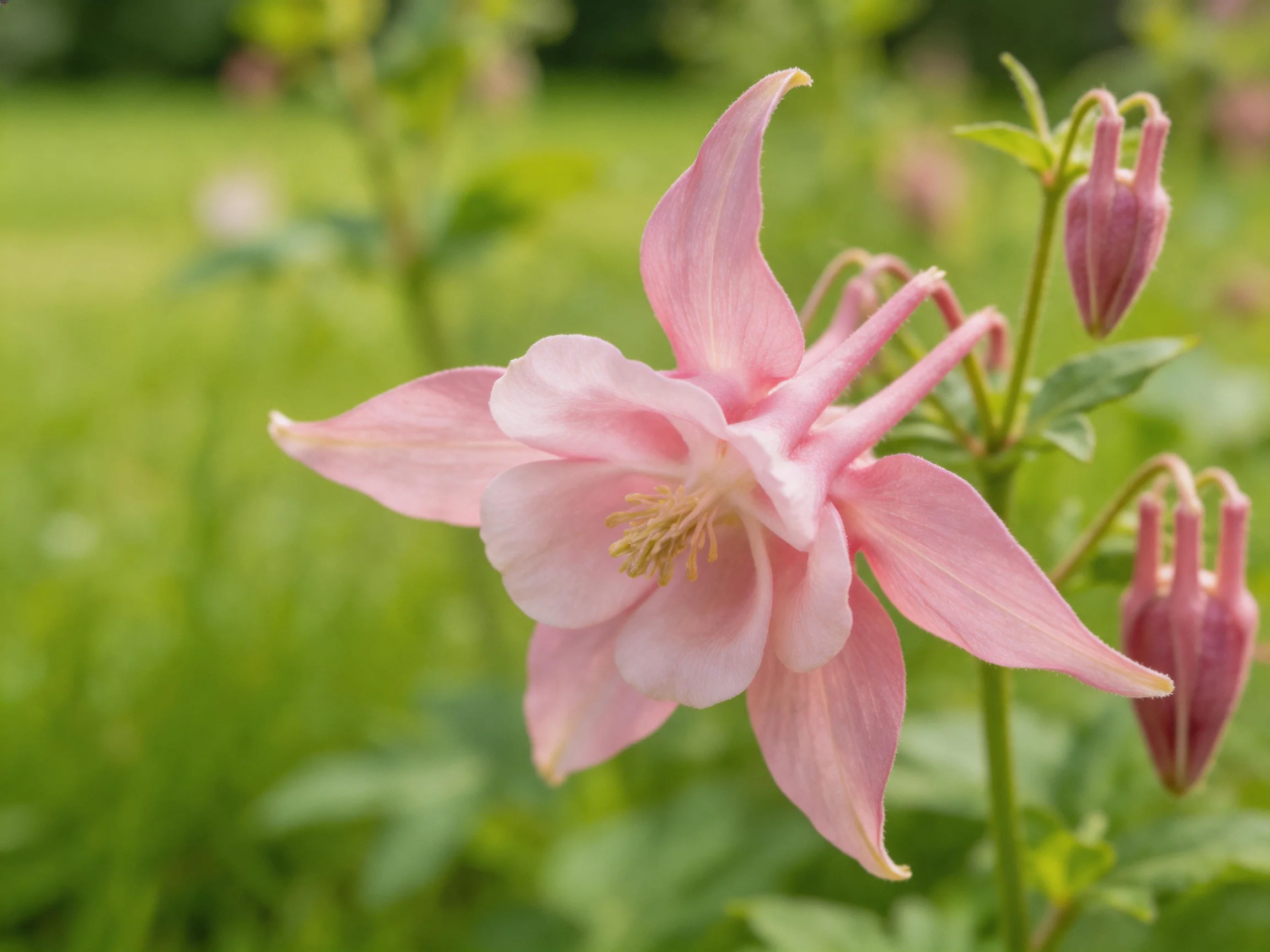 Pink columbine flowers bloom amid lush green foliage