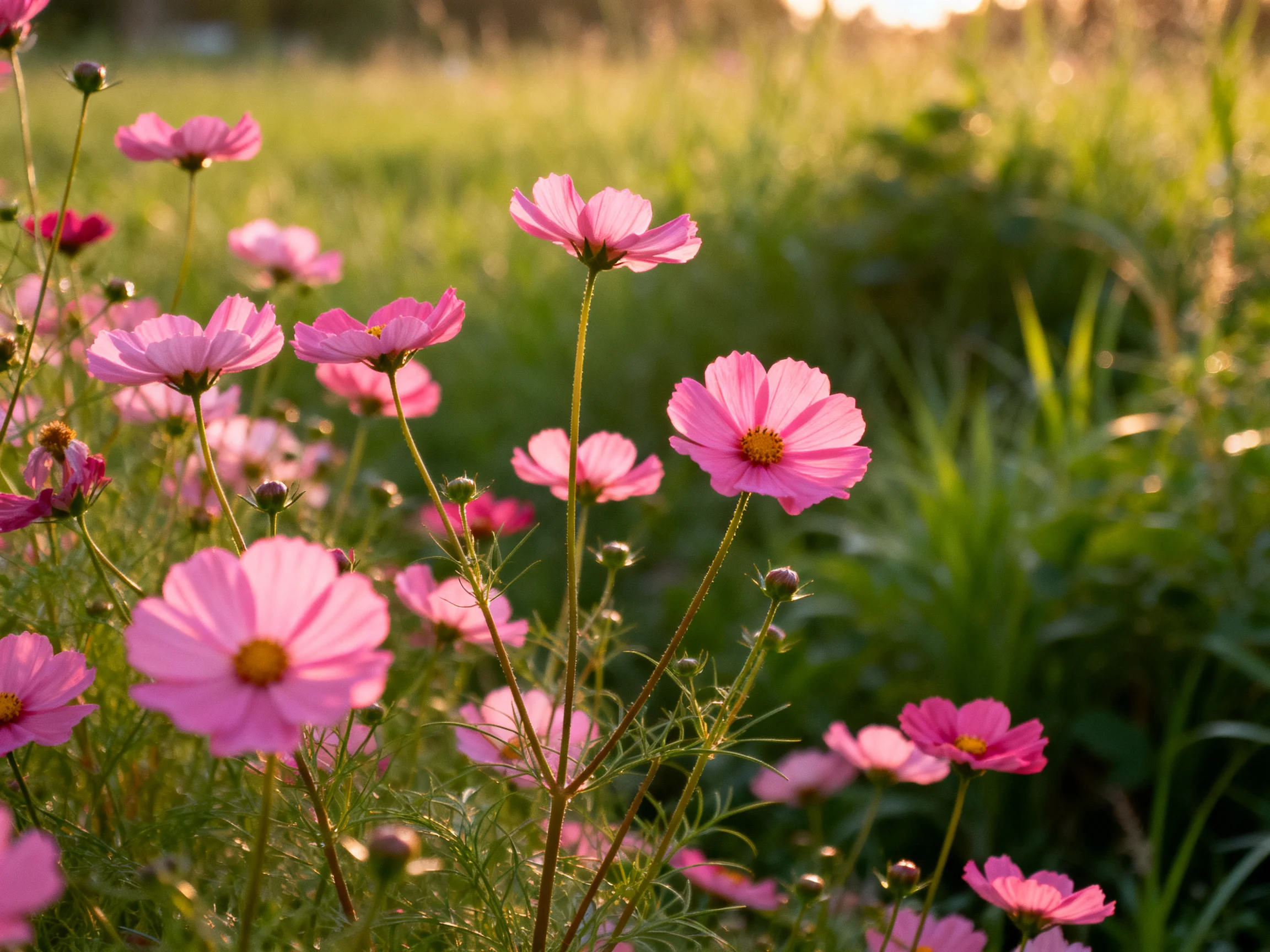 Pink cosmos blooms scattered among lush greenery under golden sunlight