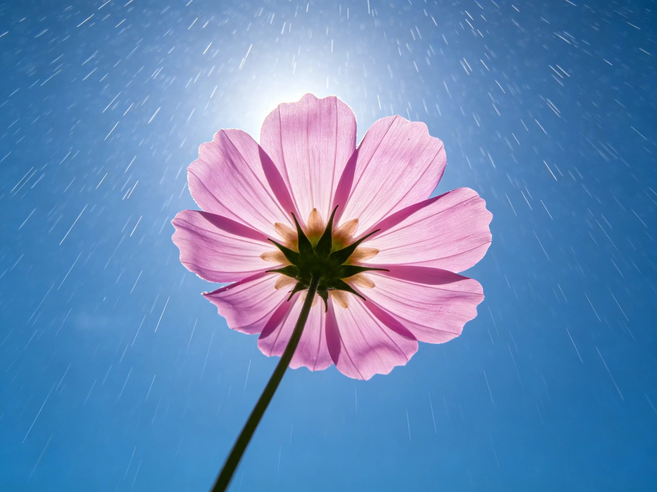 Pink cosmos flower centered under a bright blue sky with falling rain