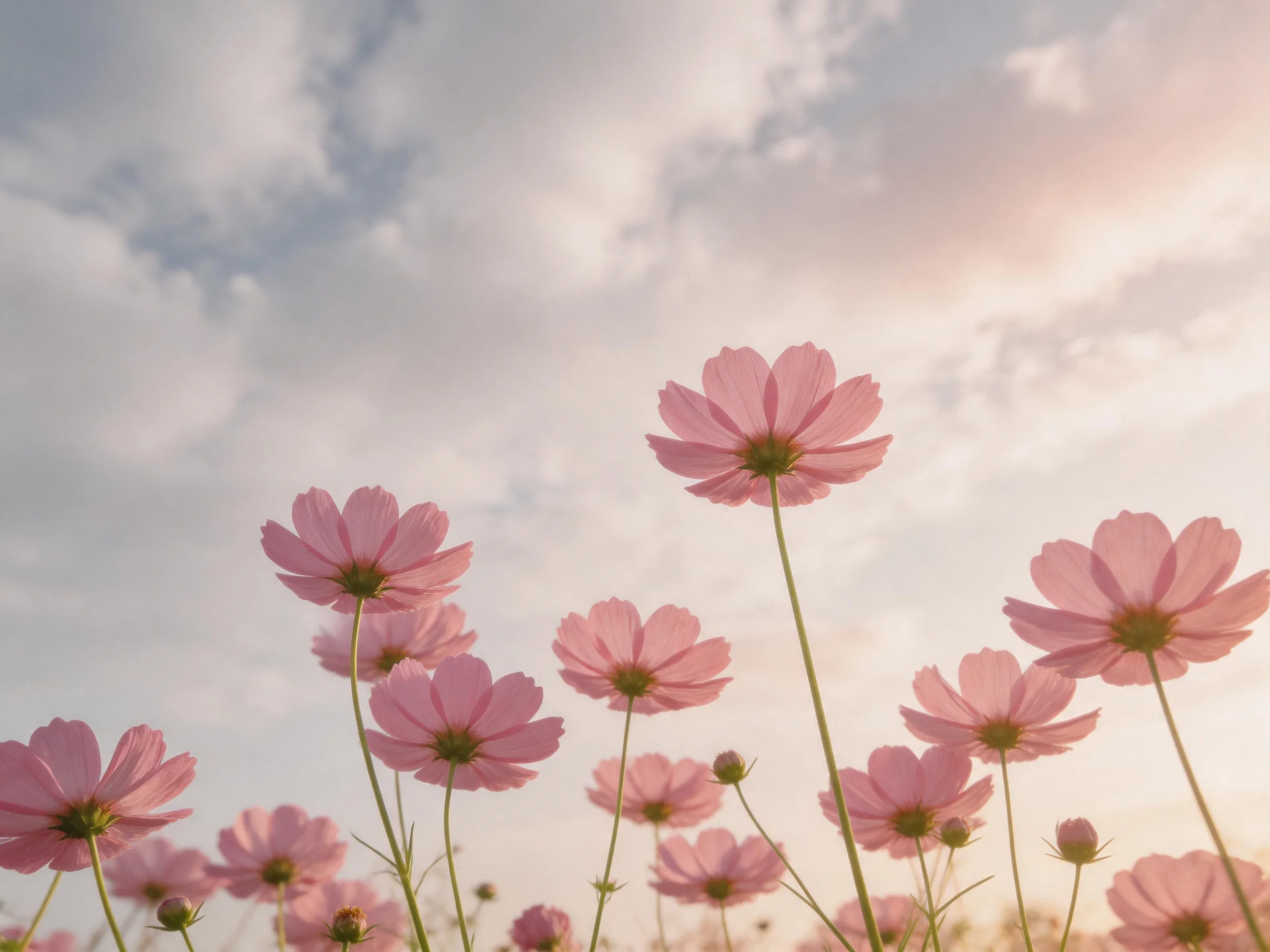 Pink cosmos flowers against a soft, cloudy sky