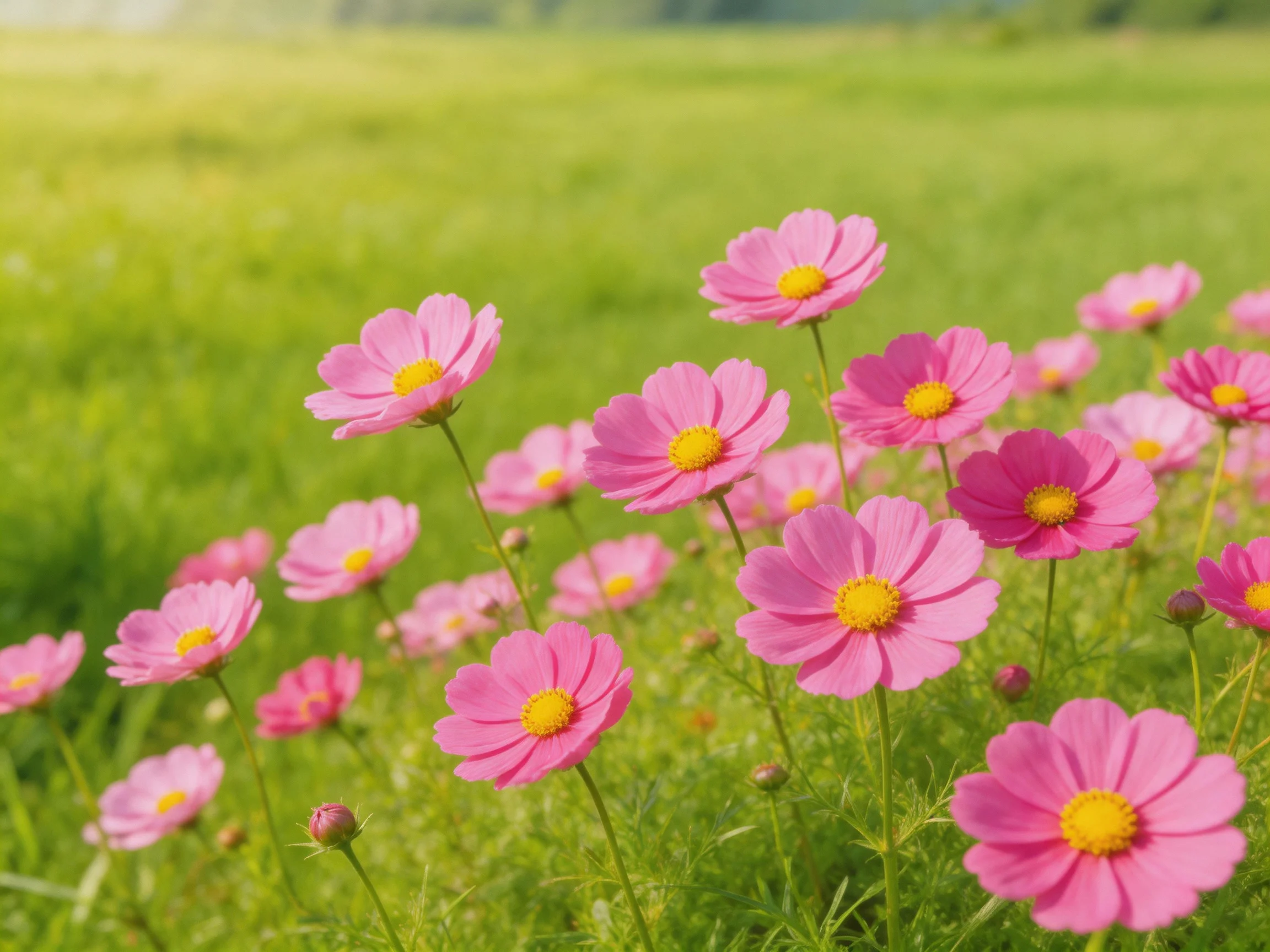 Pink cosmos flowers bloom abundantly in a lush green meadow