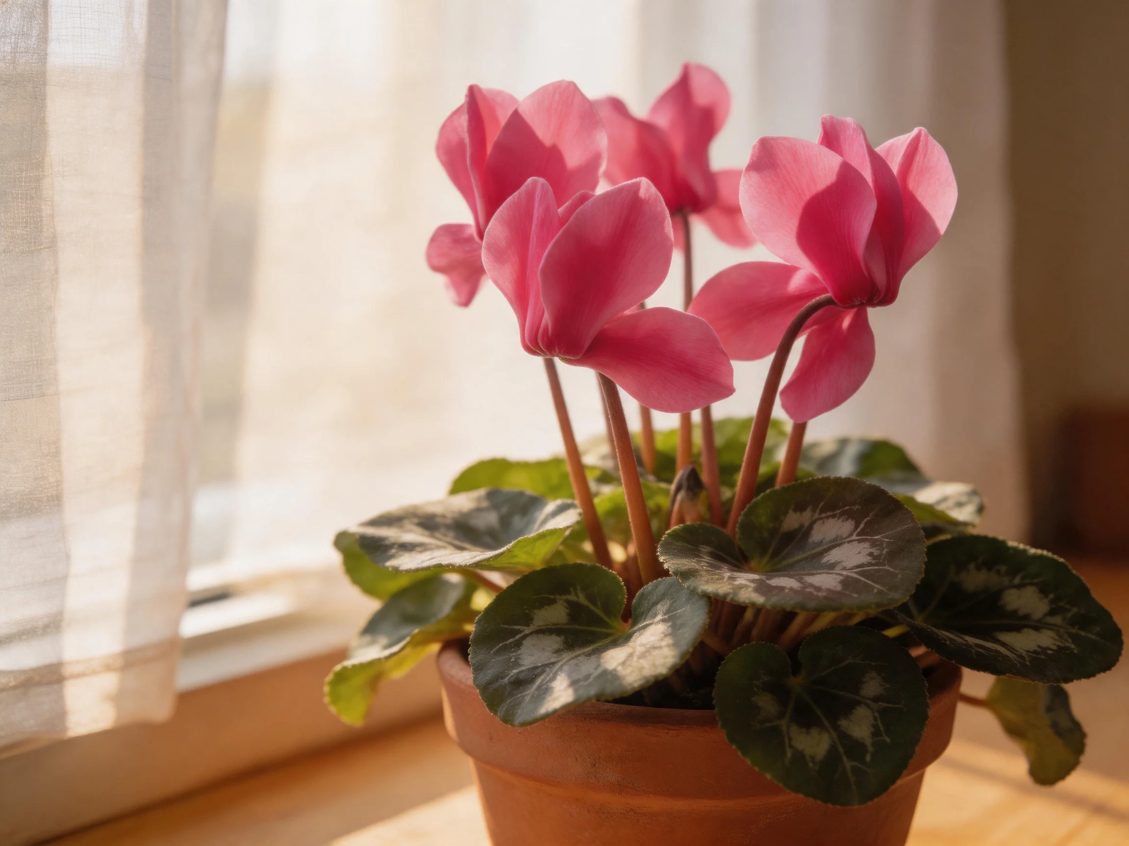 Pink cyclamen blooms in a terracotta pot by a sunlit window