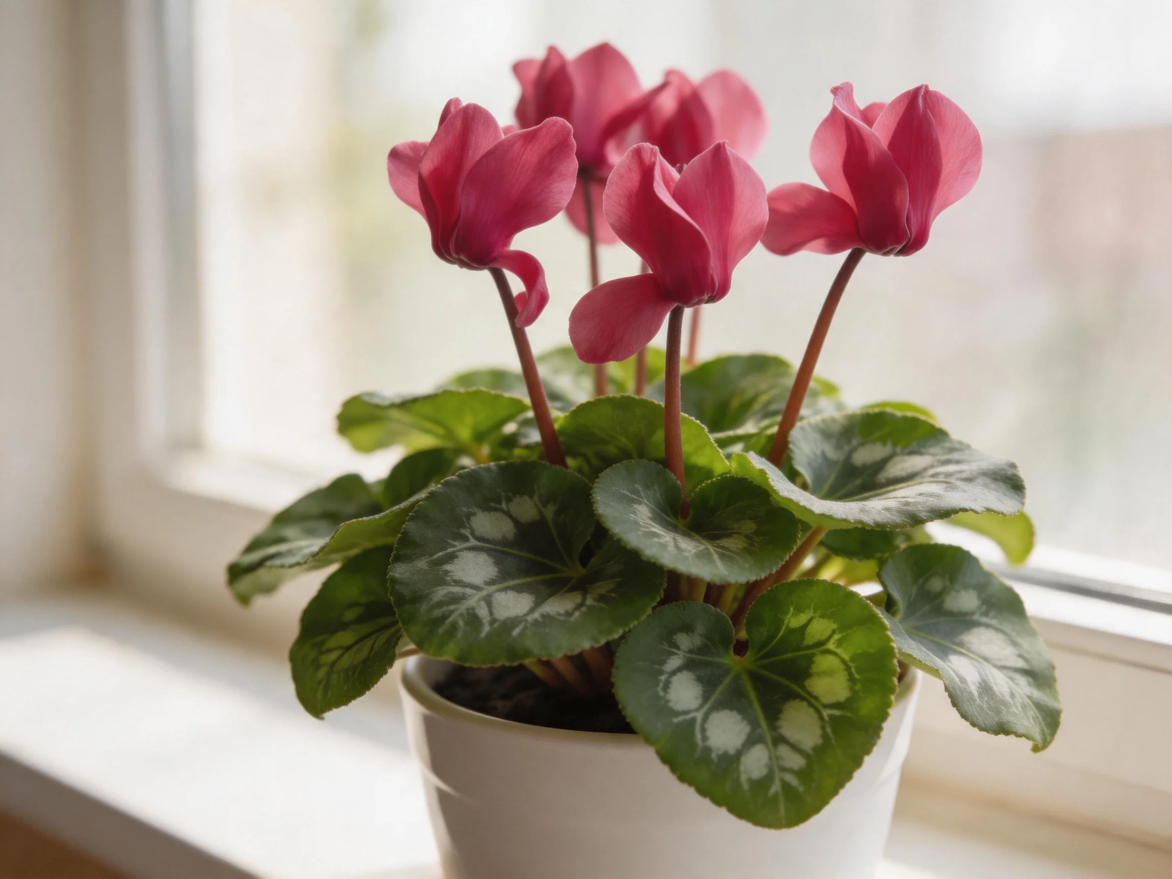 Pink cyclamen blooms in a white pot by a sunlit window
