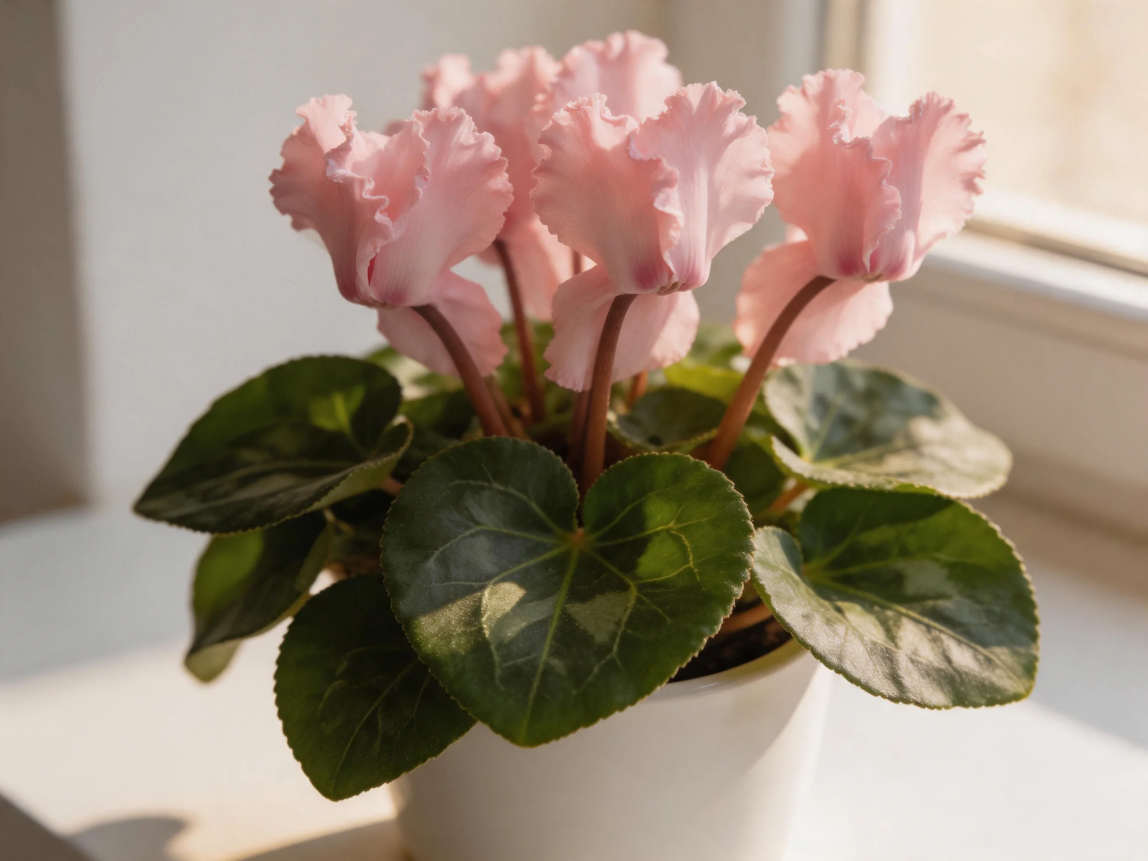 Pink cyclamen blooms with variegated green leaves in a white pot