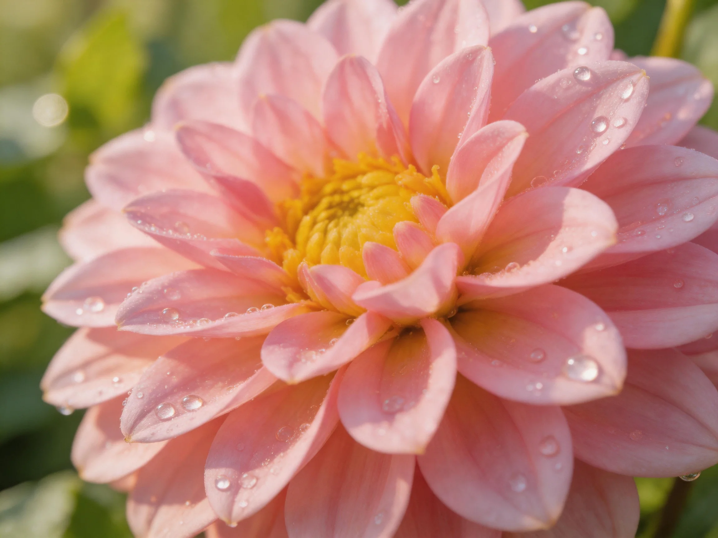 Pink dahlia with dew drops and vibrant yellow center