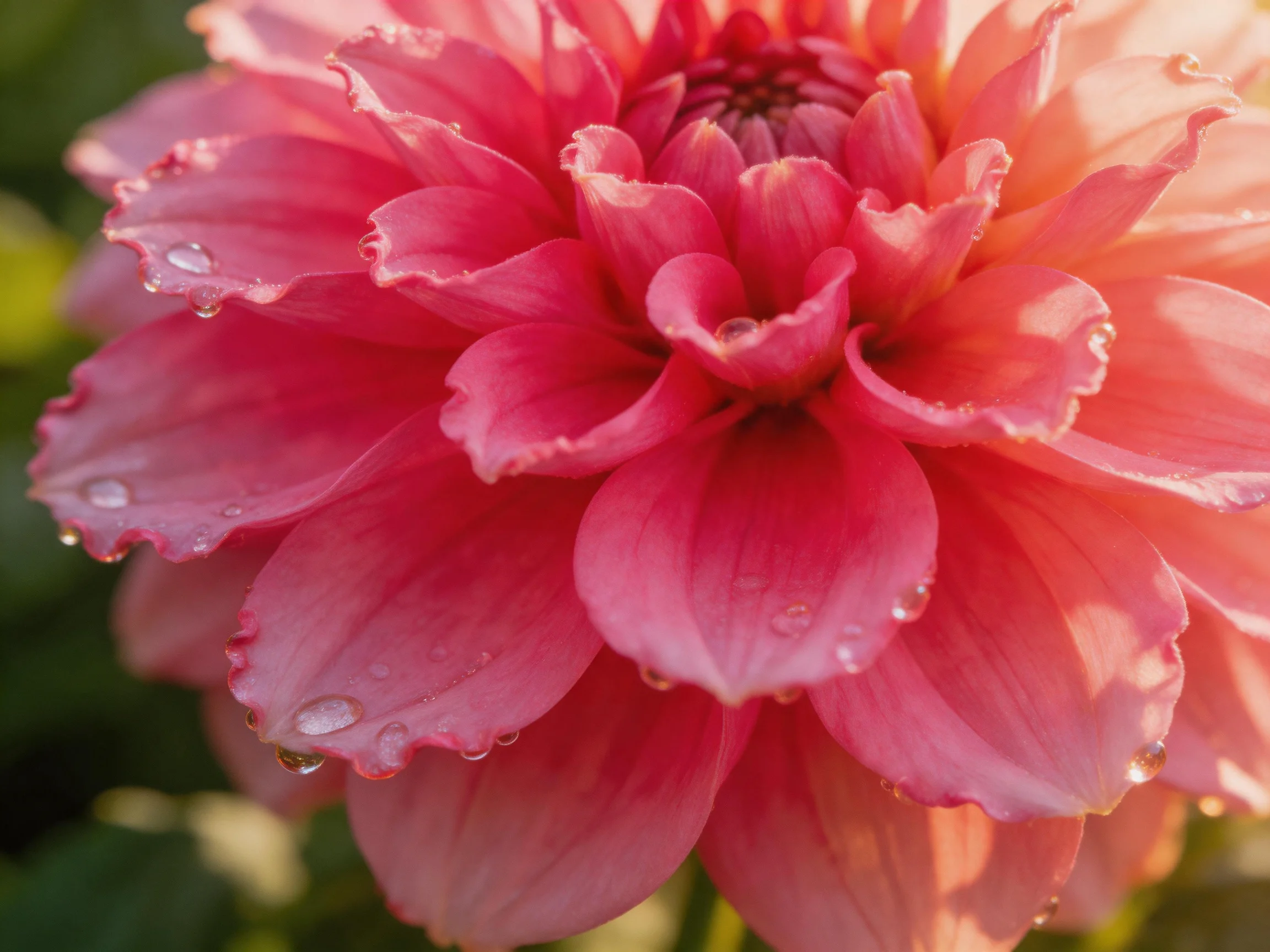 Pink dahlia with dew drops, layered petals, soft golden light
