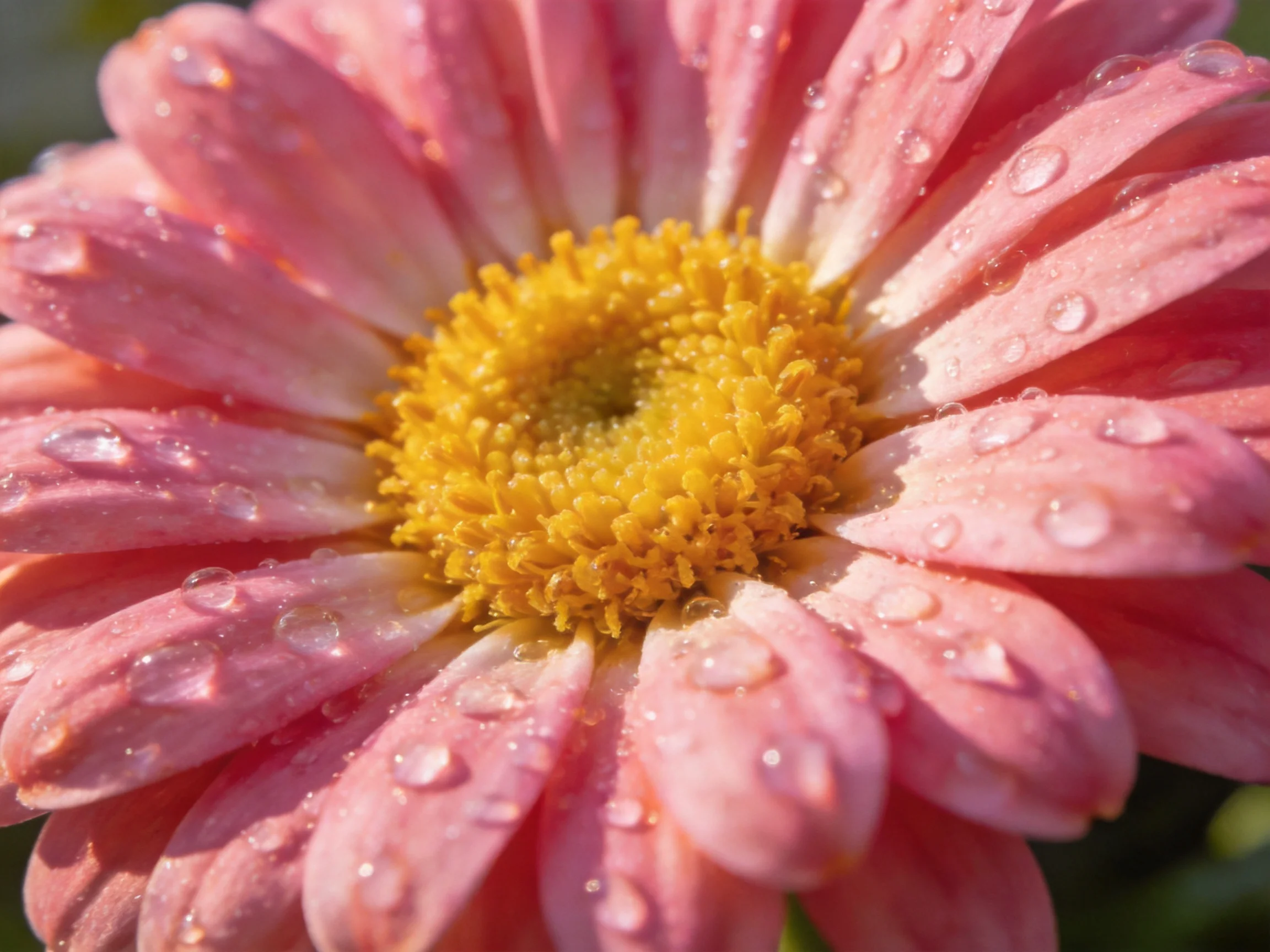 Pink daisy with yellow center and water droplets on petals