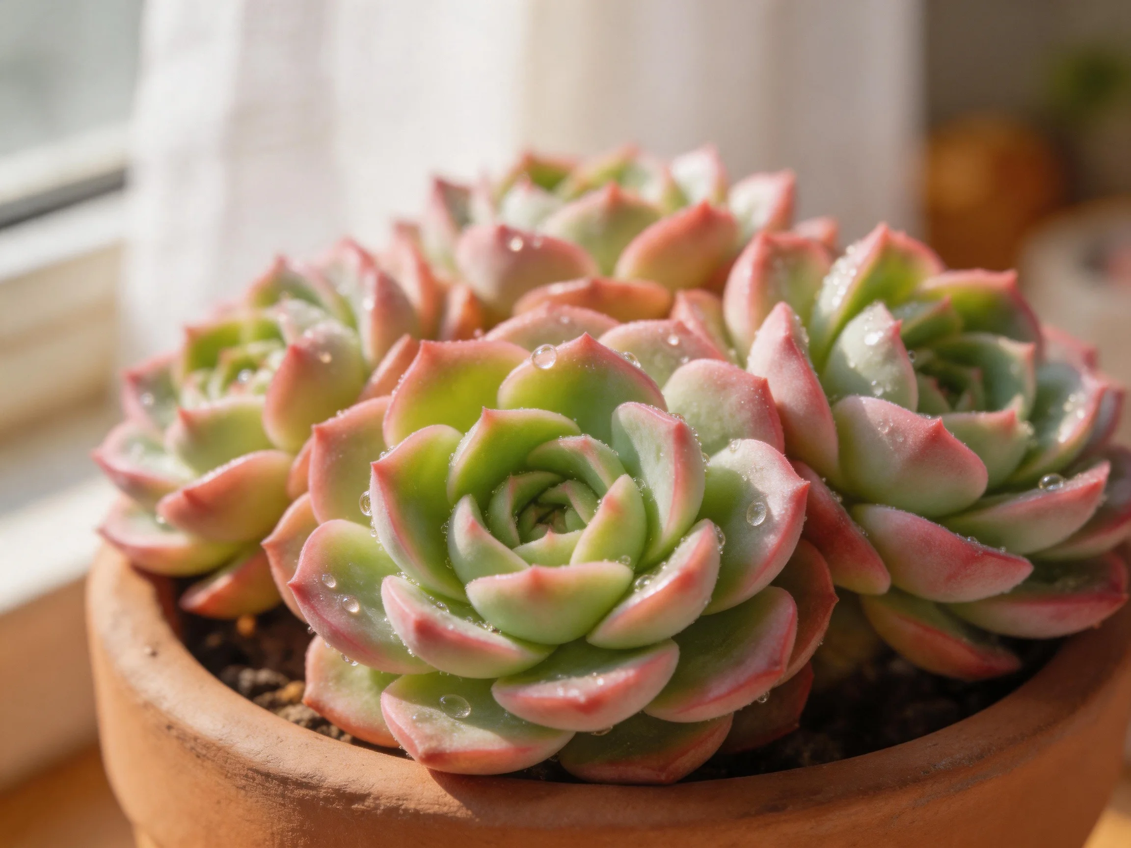 Pink-edged green succulents thrive in a terracotta pot near a sunlit window