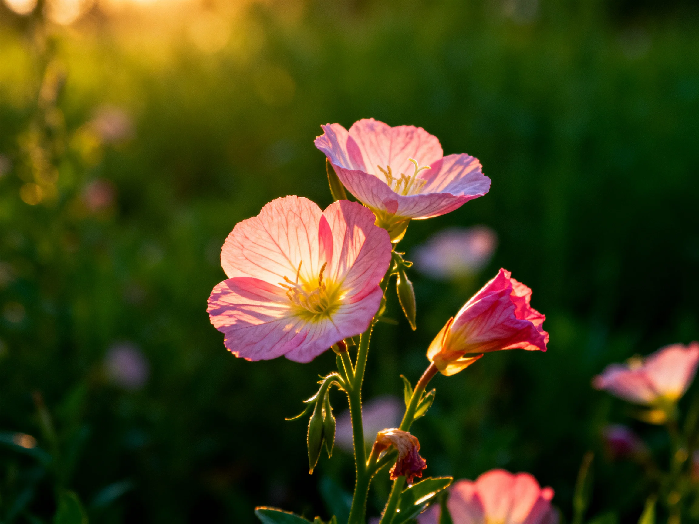 Pink evening primrose blooms glow under golden sunlight