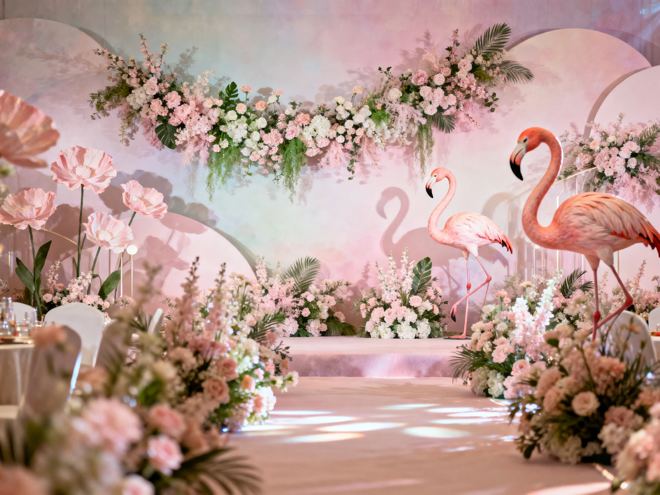Pink flamingos amid pastel floral arrangements in a decorated venue