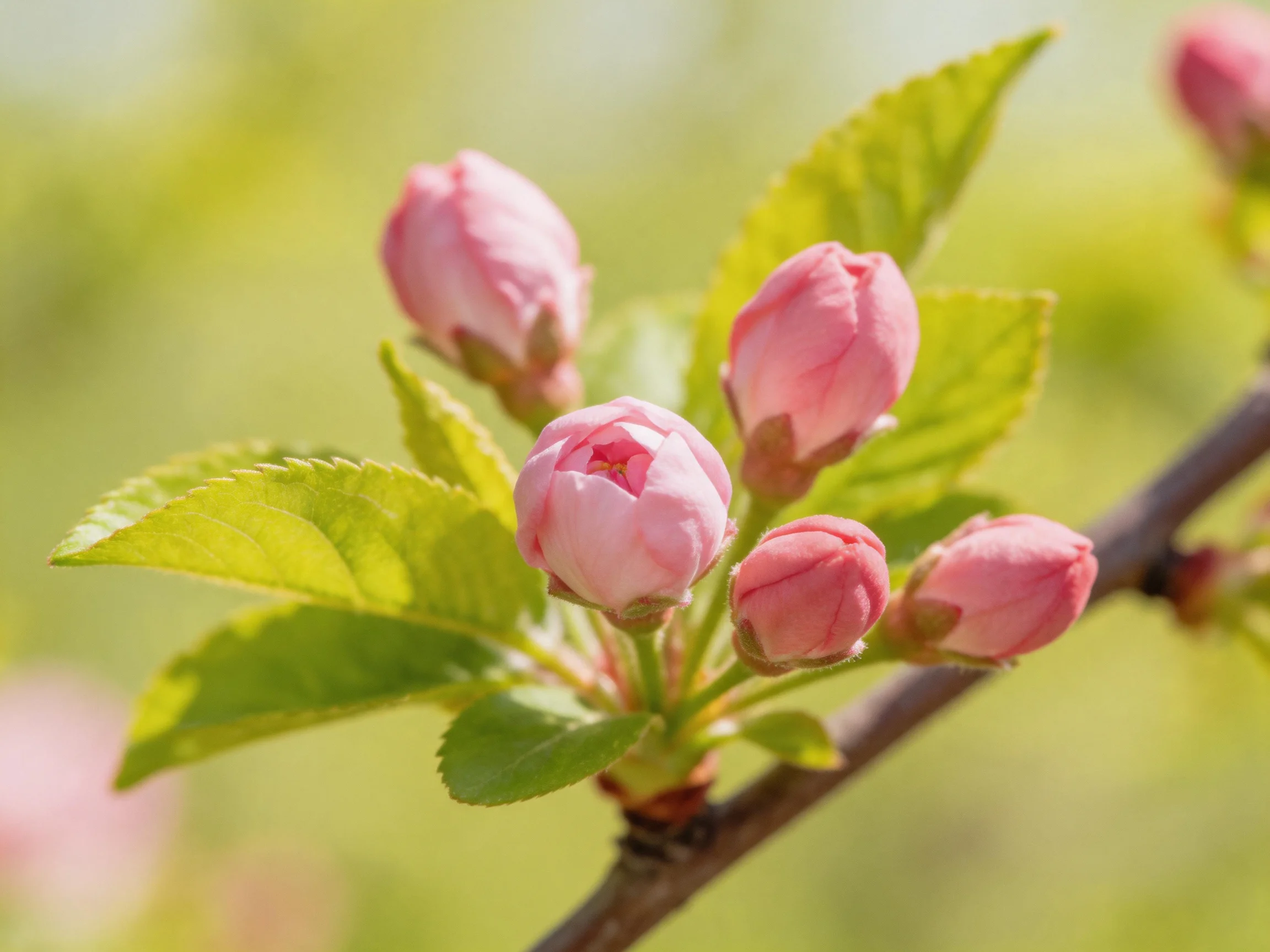 Pink flower buds and green leaves on a brown tree branch