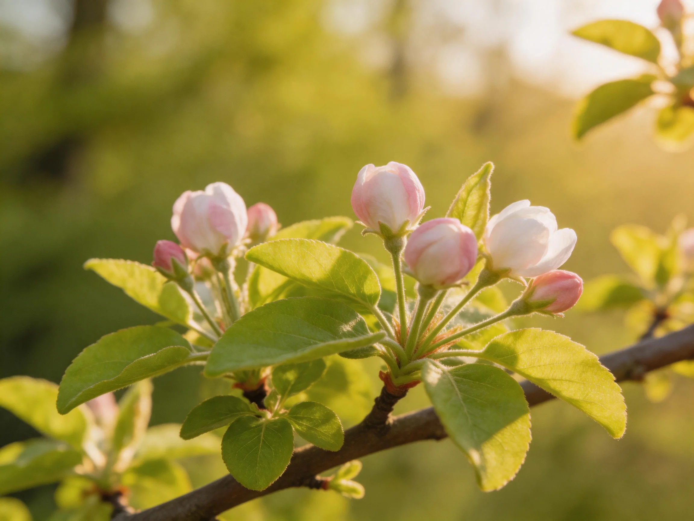 Pink flower buds and green leaves on a tree branch in soft sunlight
