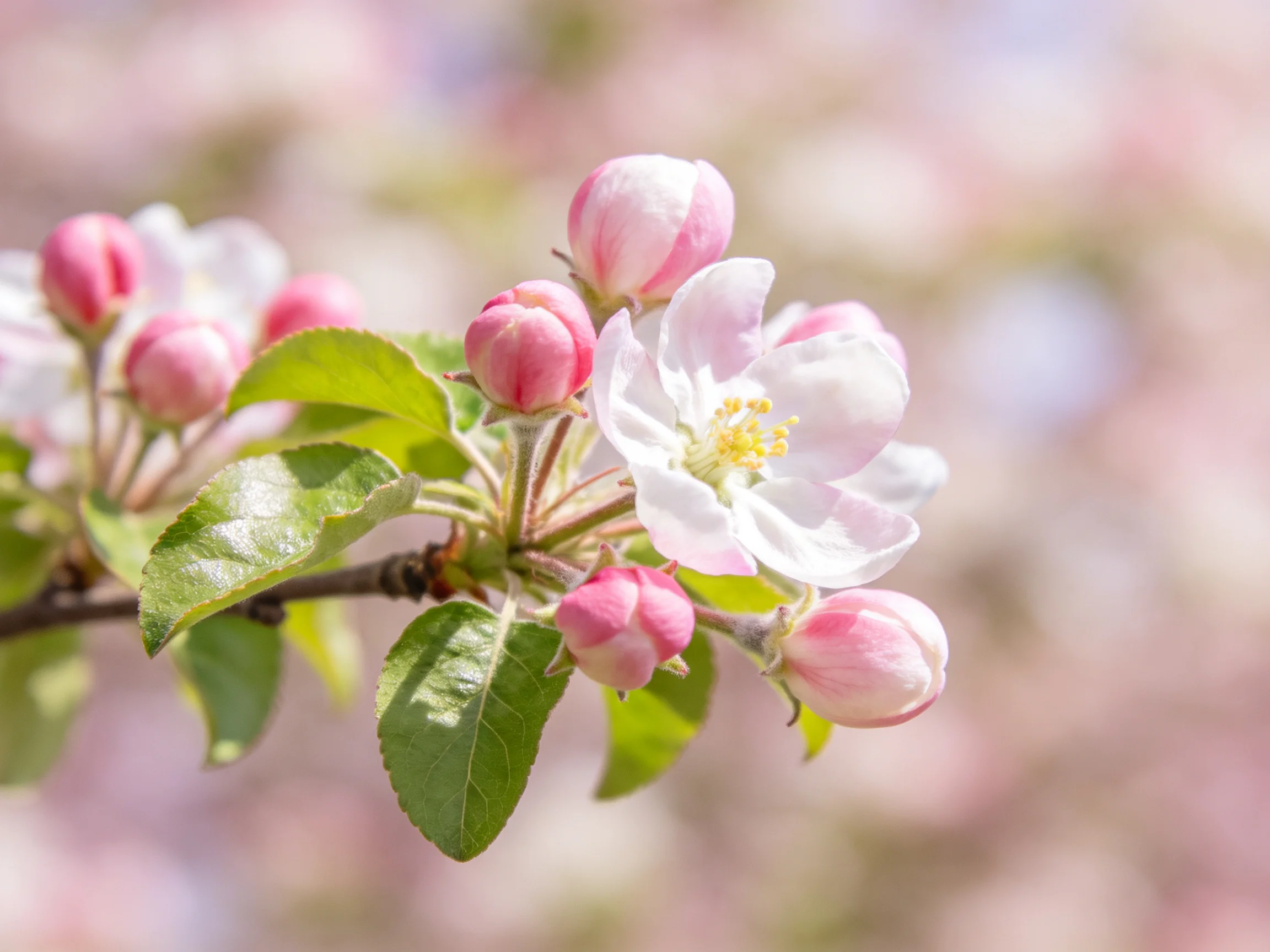 Pink flower buds and white blossoms on a flowering branch