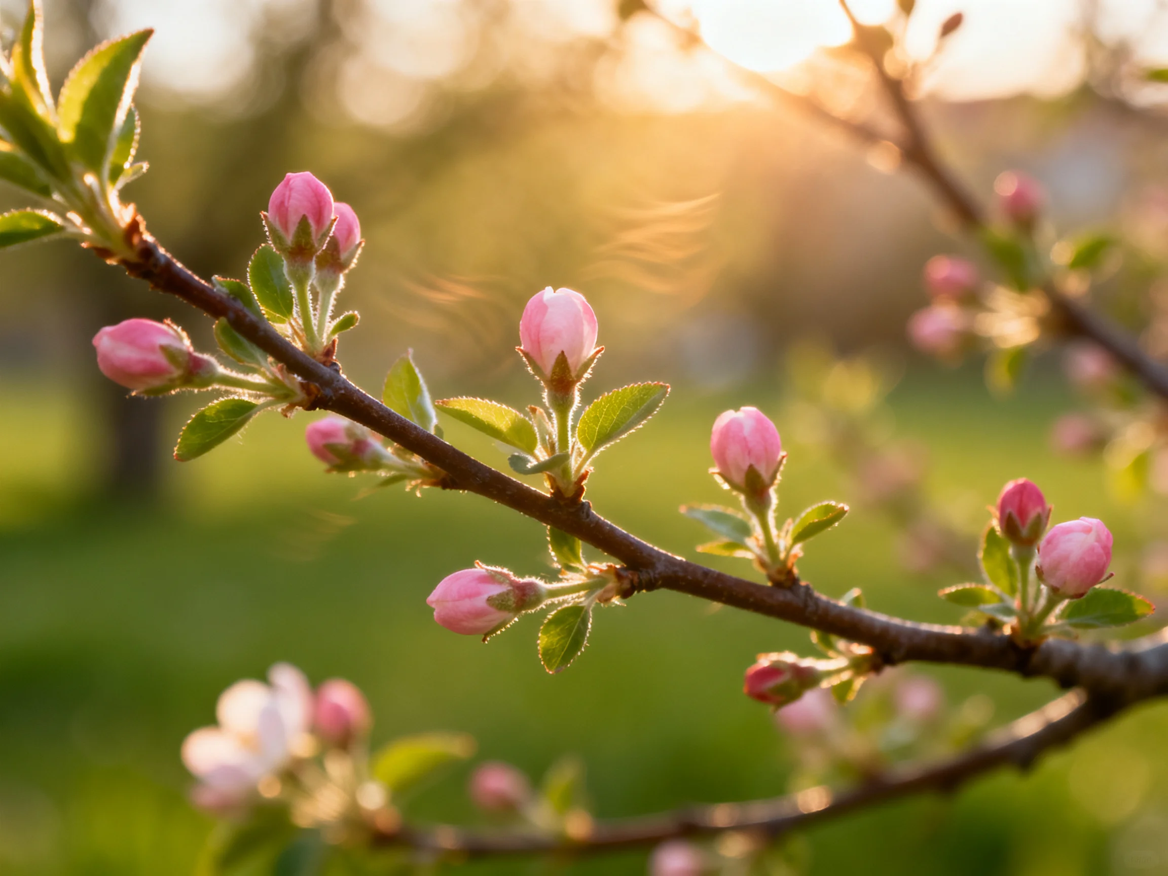 Pink flower buds blooming on tree branches in golden sunlight