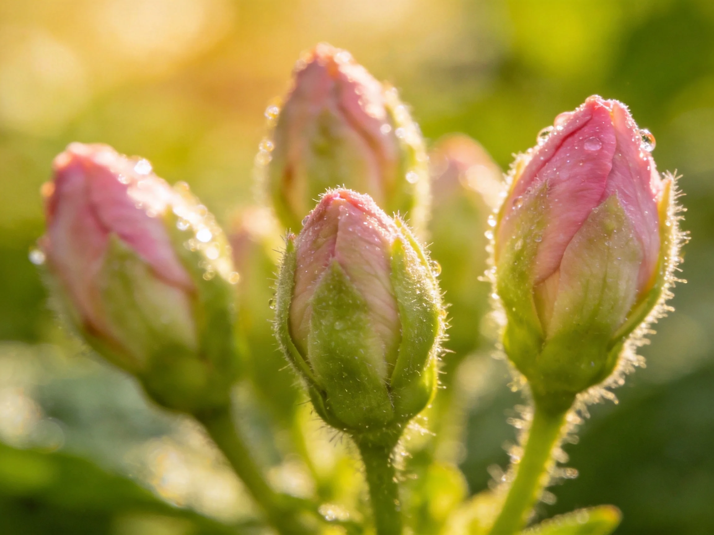 Pink flower buds with dew drops in soft sunlight