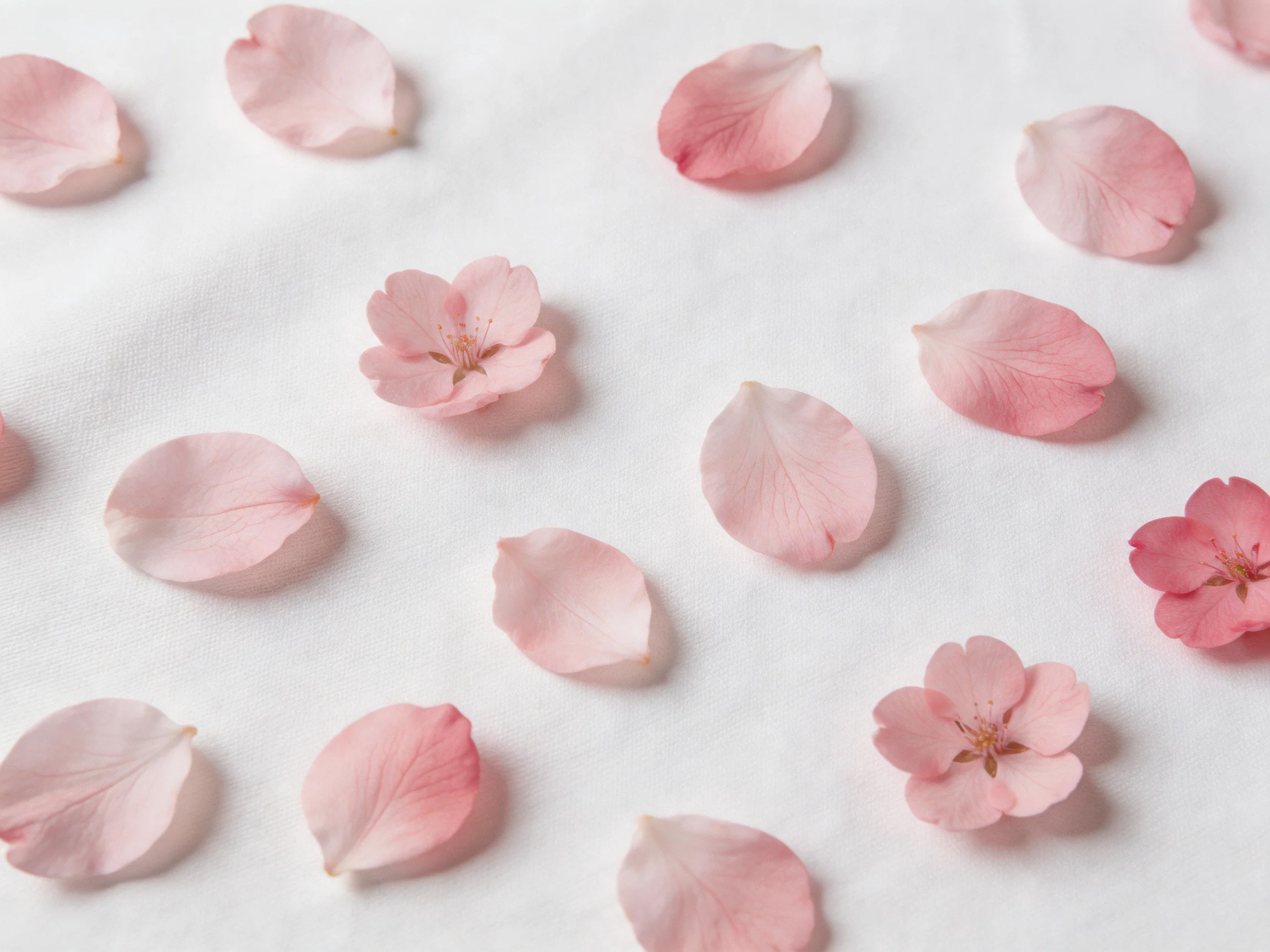 Pink flower petals and bloomsscattered on a plain white fabric