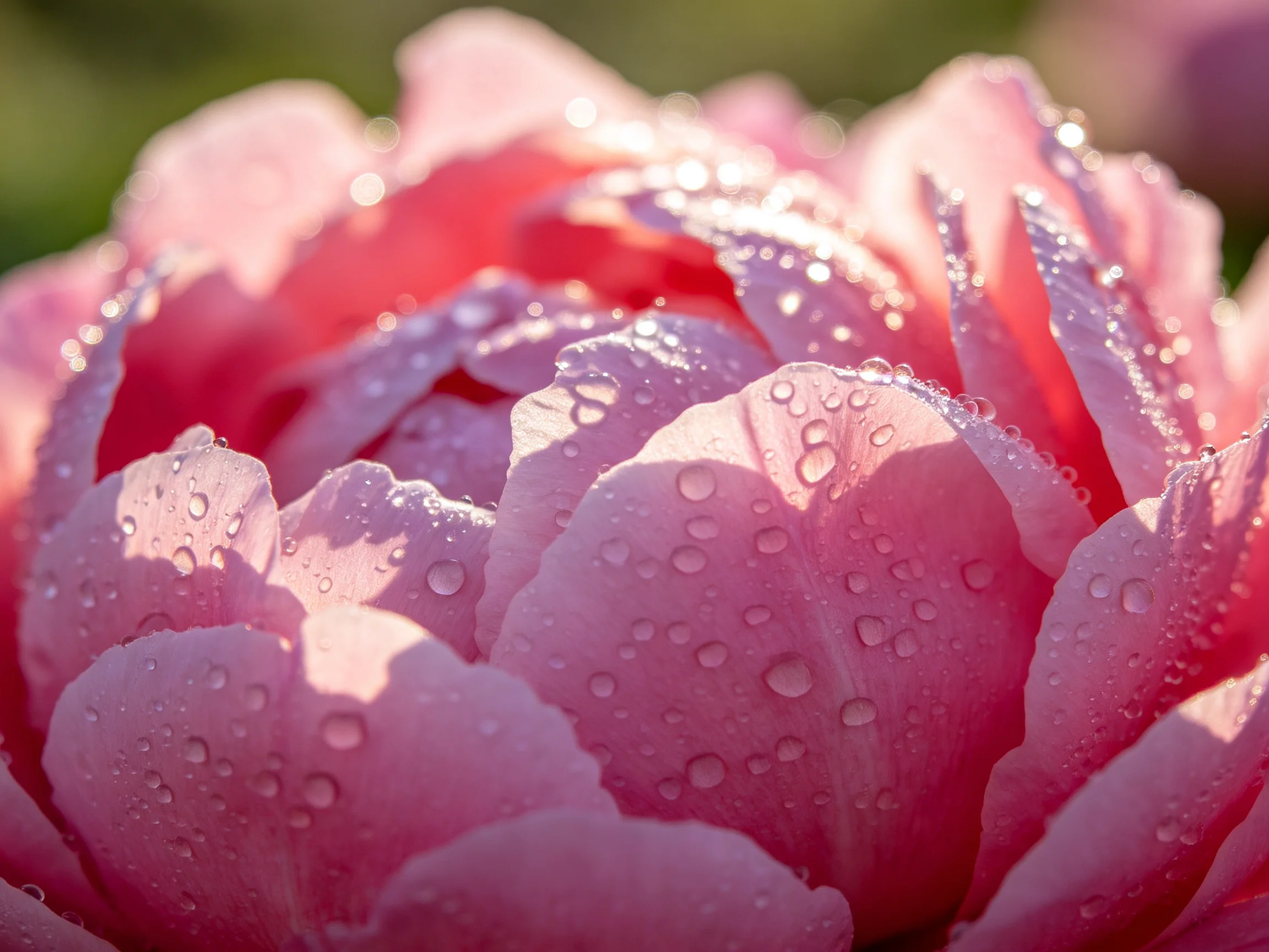 Pink flower petals glistening with fresh dewdrops
