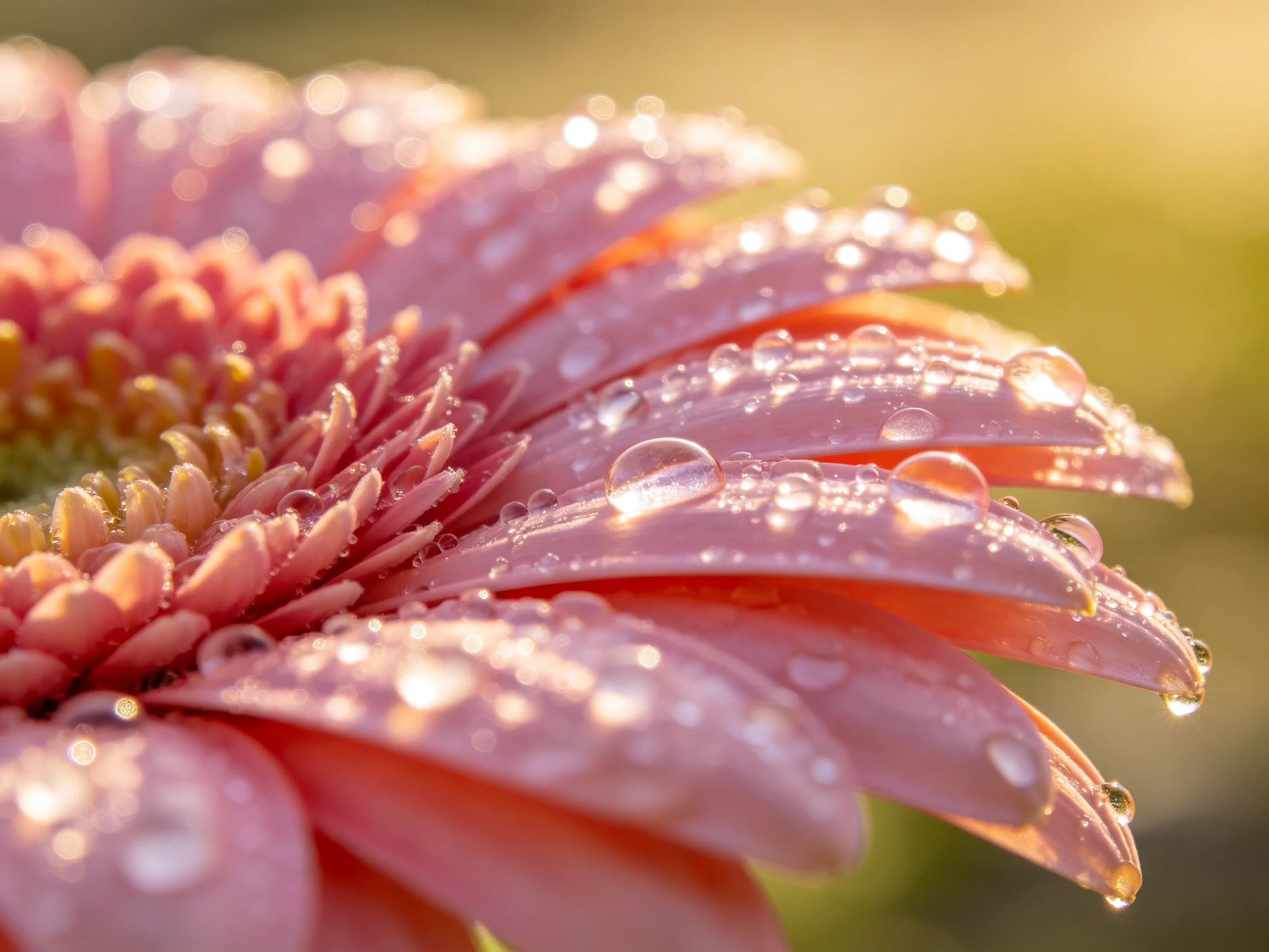 Pink flower petals with glistening dewdrops under warm sunlight