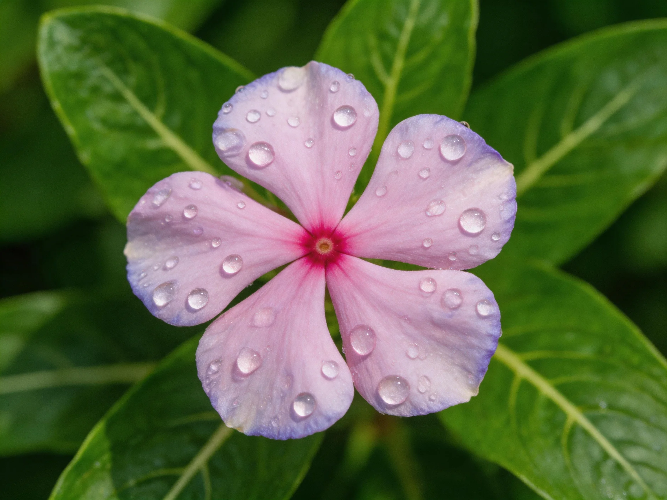 Pink flower with five petals and water droplets amid green leaves