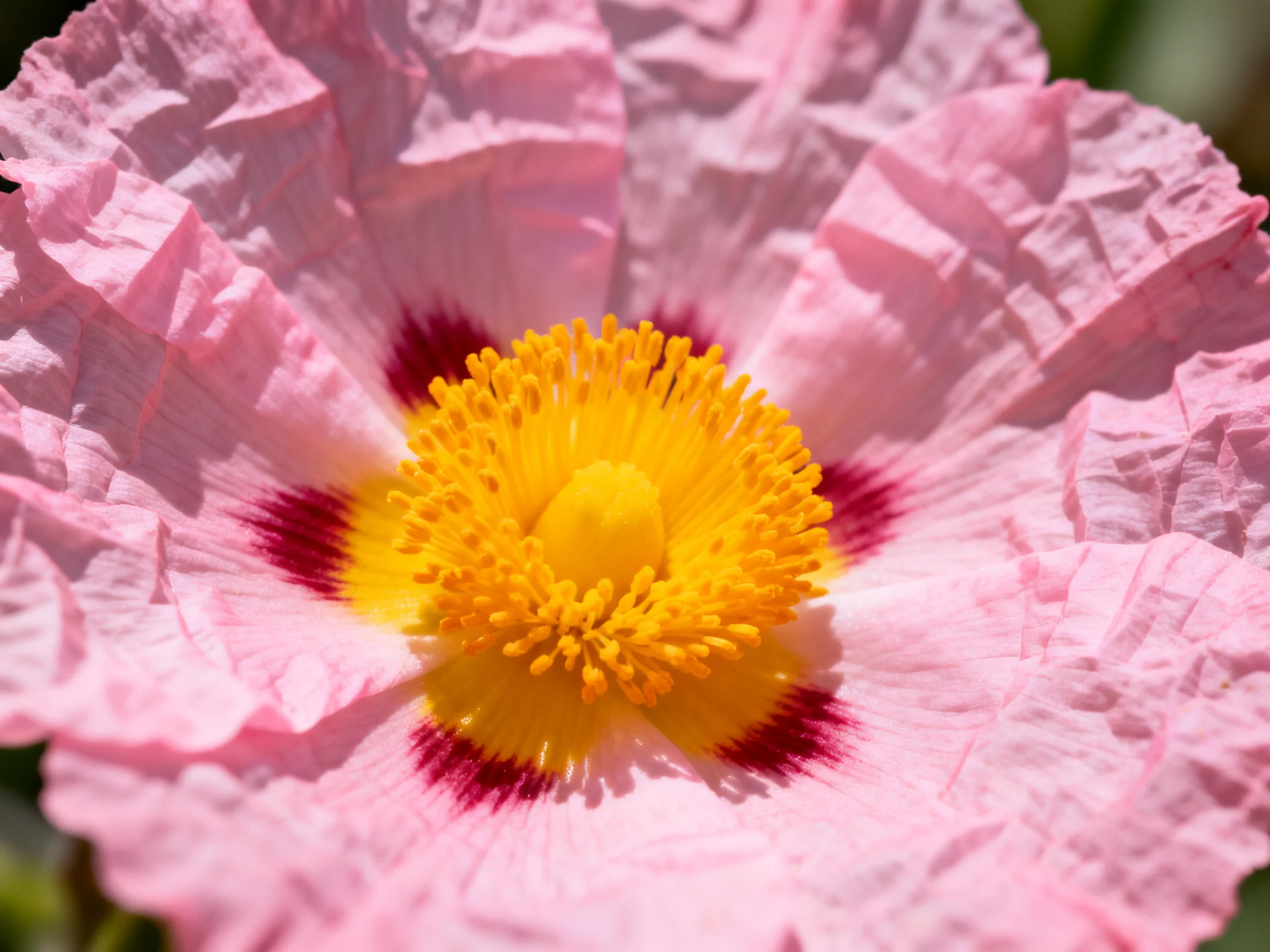 Pink flower with ruffled petals and bright yellow center