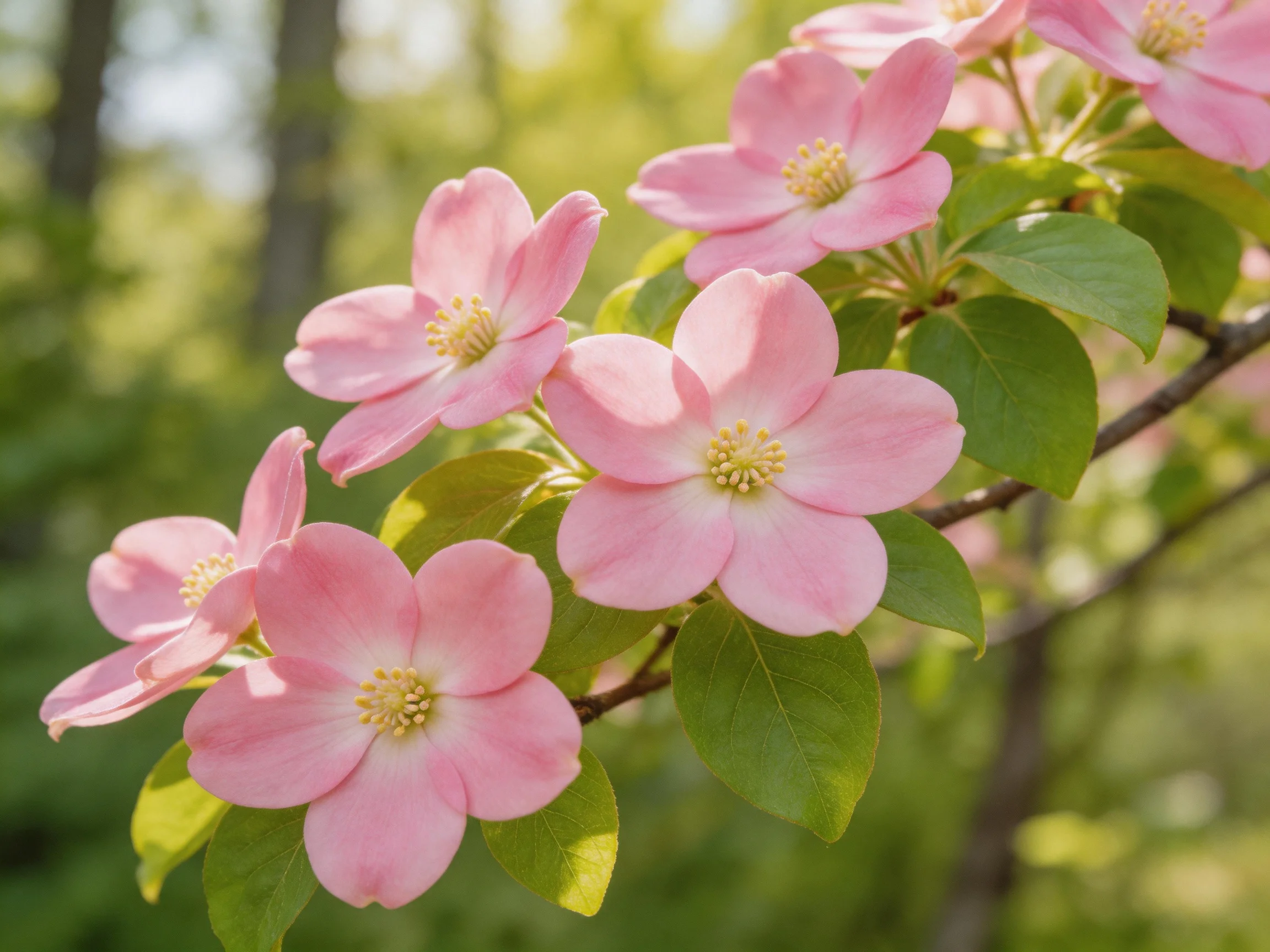 Pink flowering branches with five prominent blossoms and lush green leaves