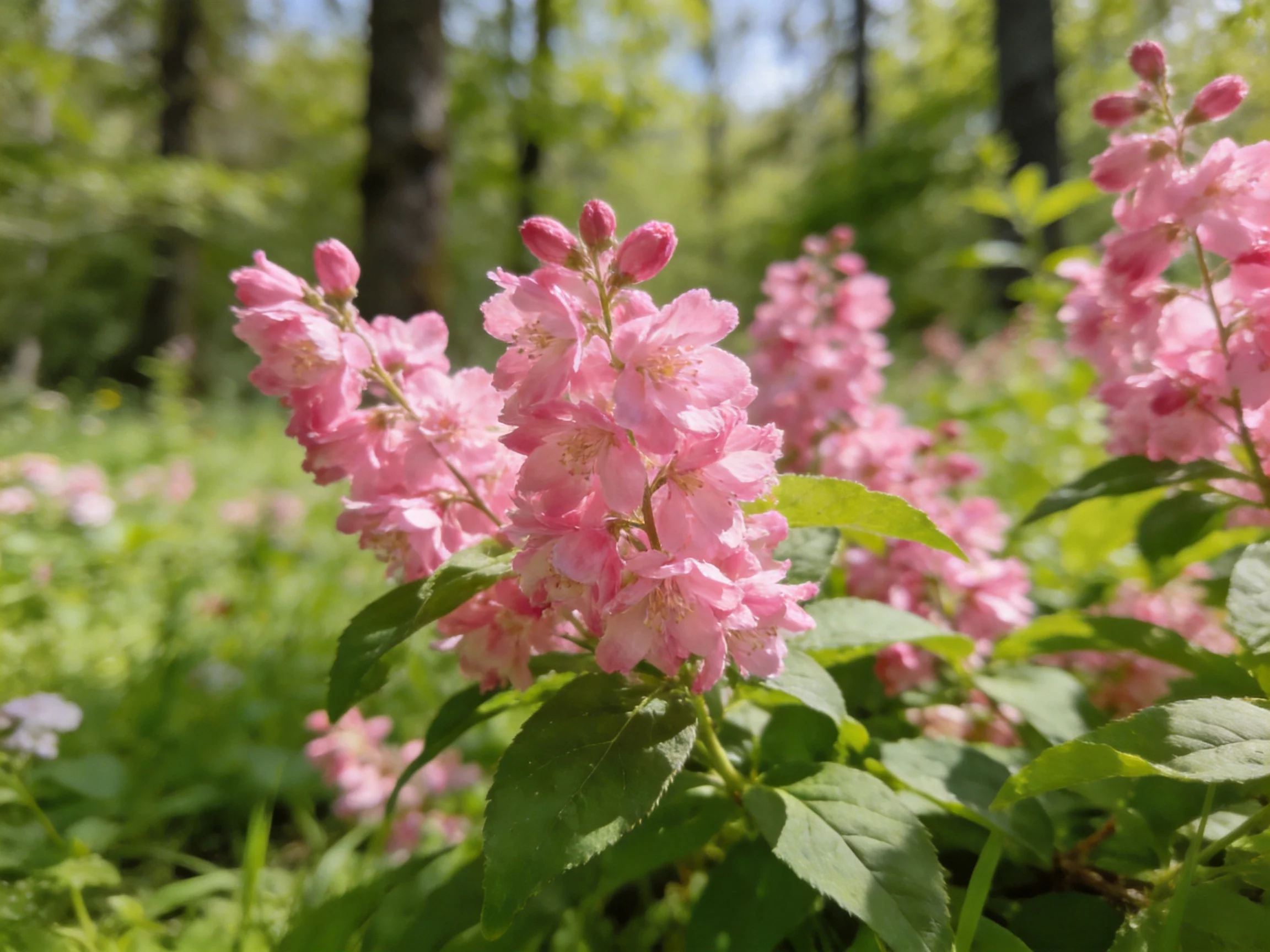 Pink flowering shrubs bloom profusely amid lush greenery in a sun-dappled forest.