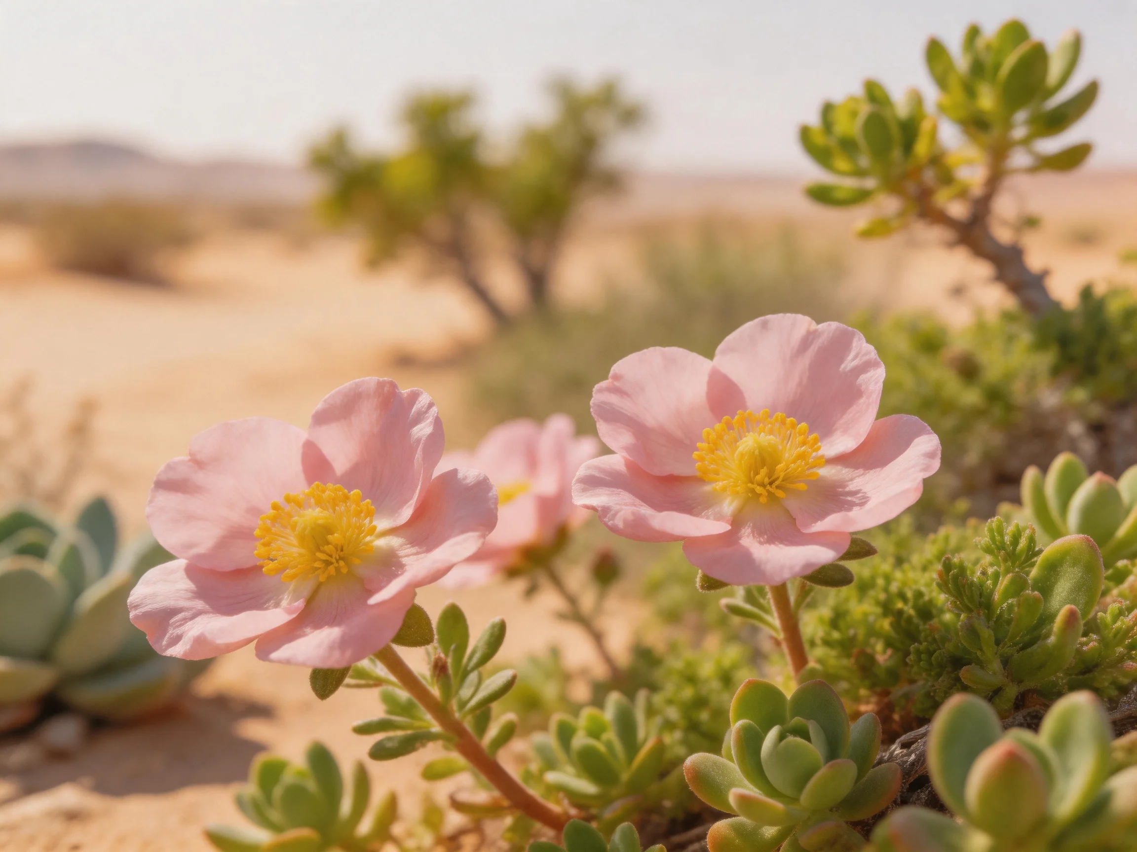 Pink flowers and green succulents bloom in a sandy desert landscape