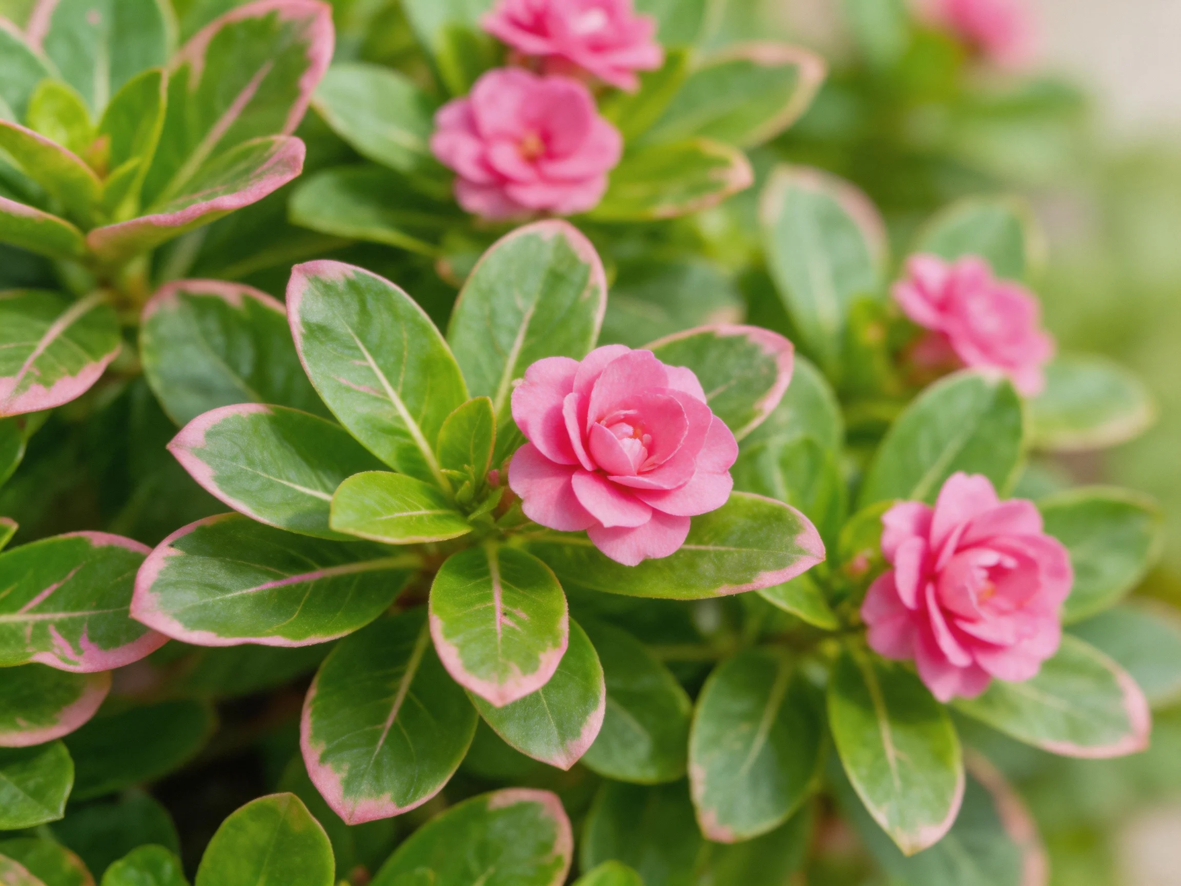 Pink flowers bloom among variegated green leaves insoft natural light
