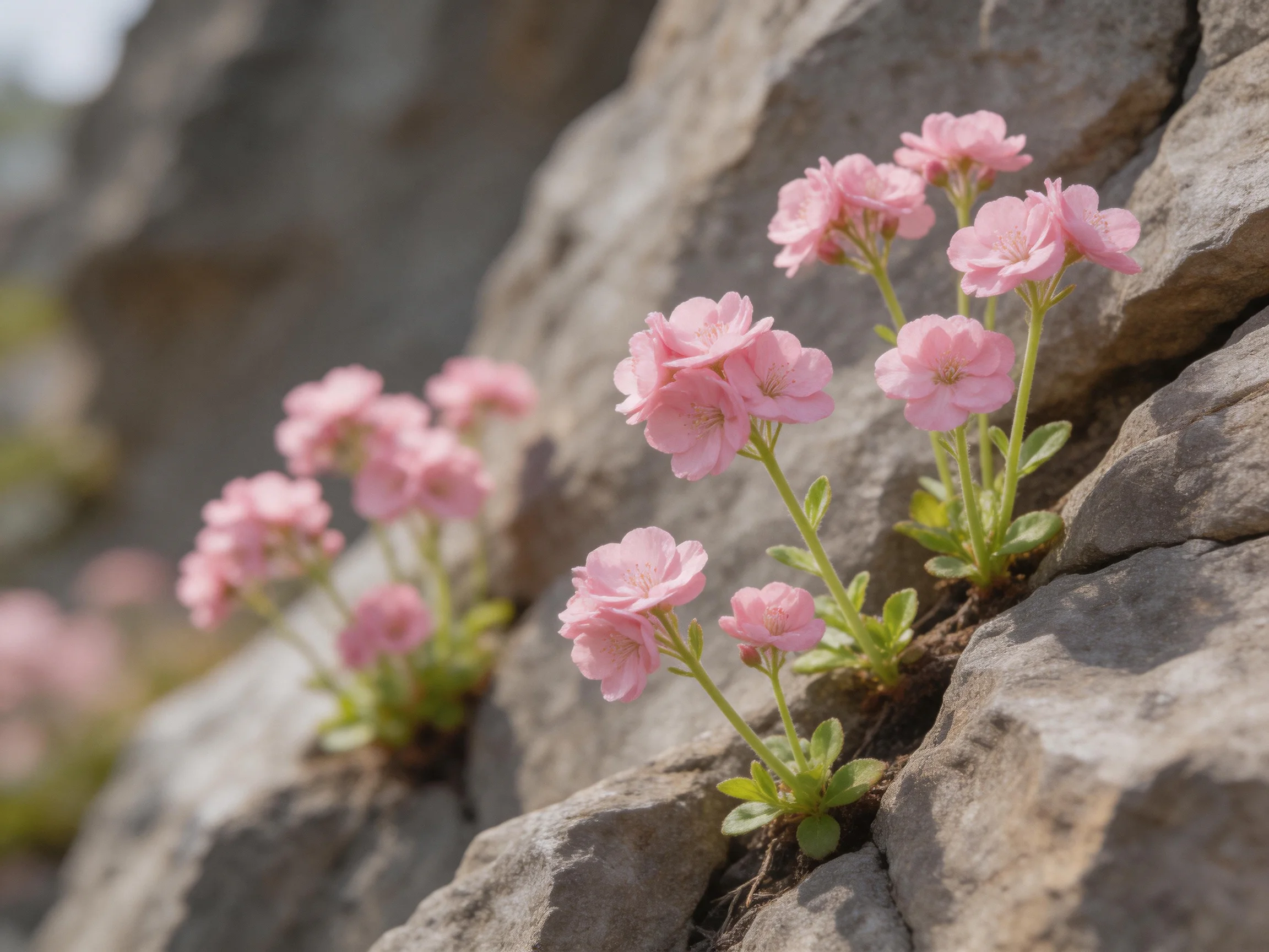 Pink flowers bloom from crevices of large gray rocks