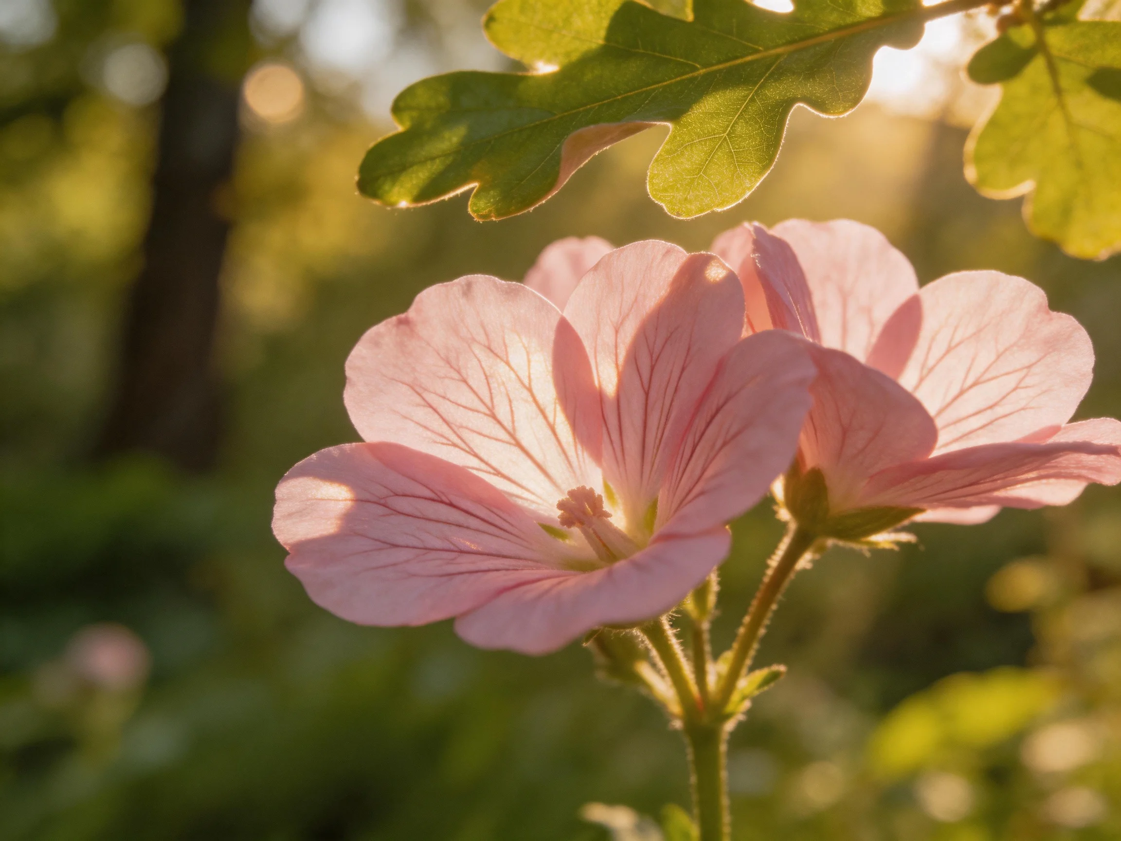 Pink flowers glow amid green foliage and sunlight