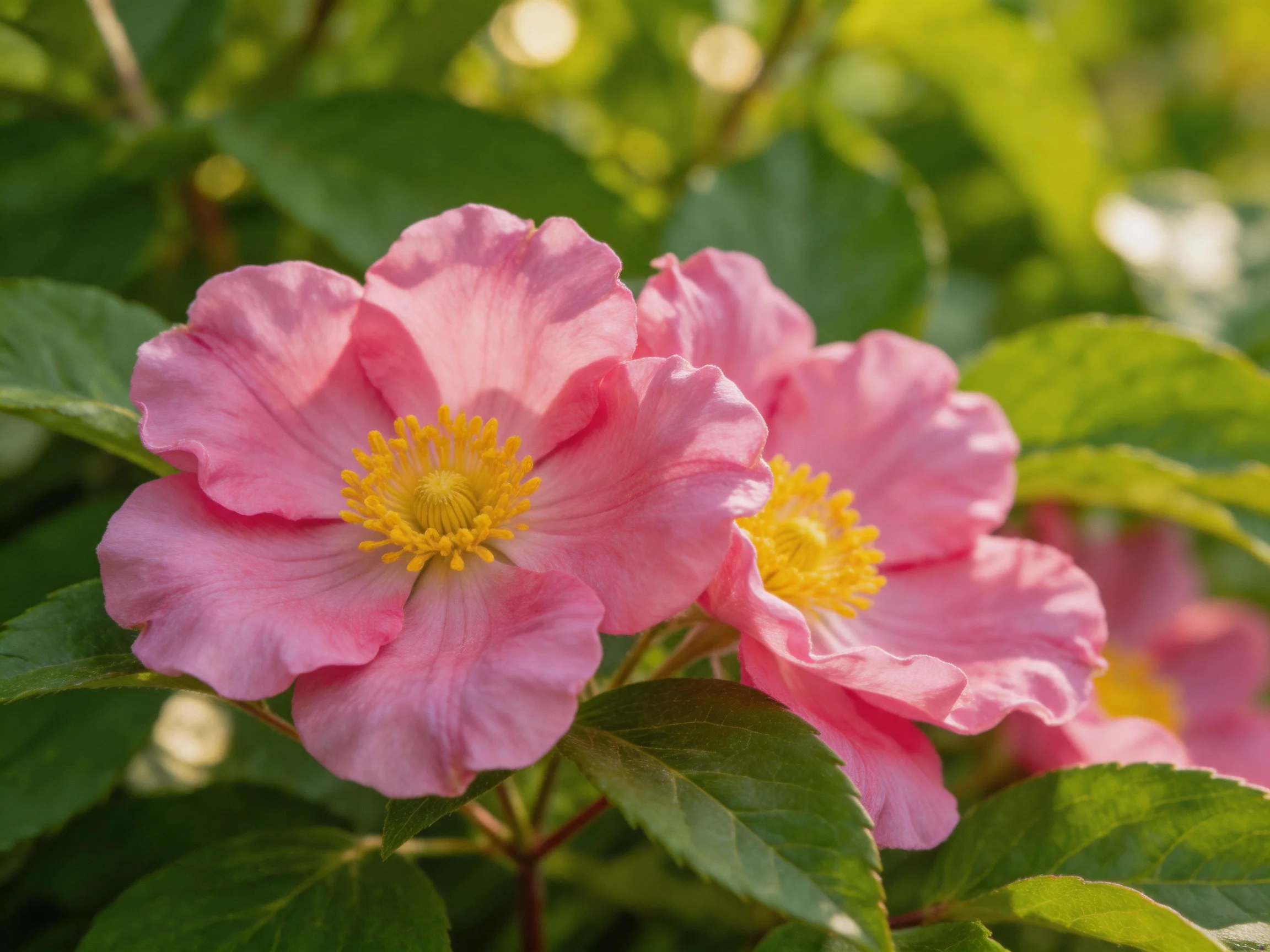 Pink flowers with bright yellow centers amid lush green foliage