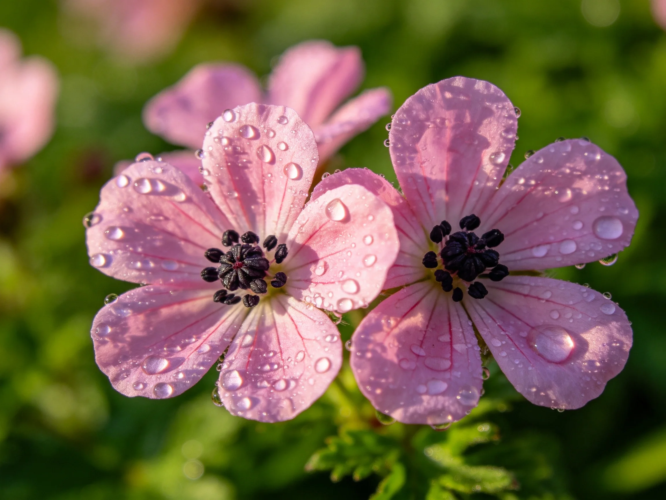 Pink flowers with water droplets amidst green foliage