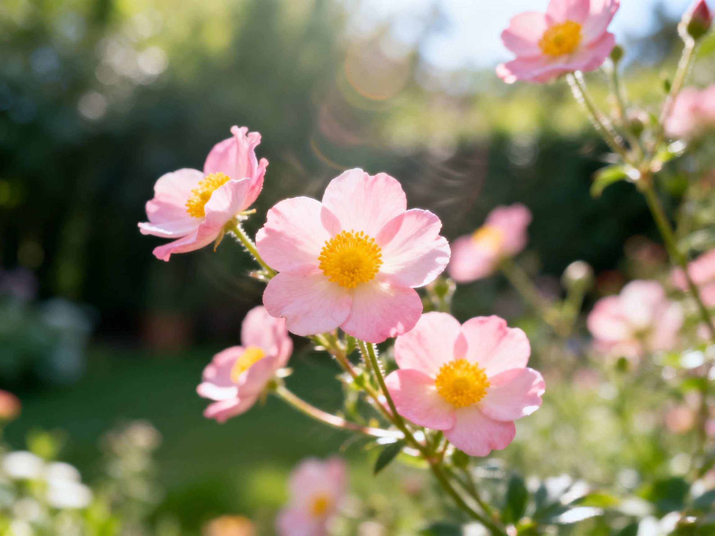 Pink flowers with yellow centers bloom in a sunlit garden