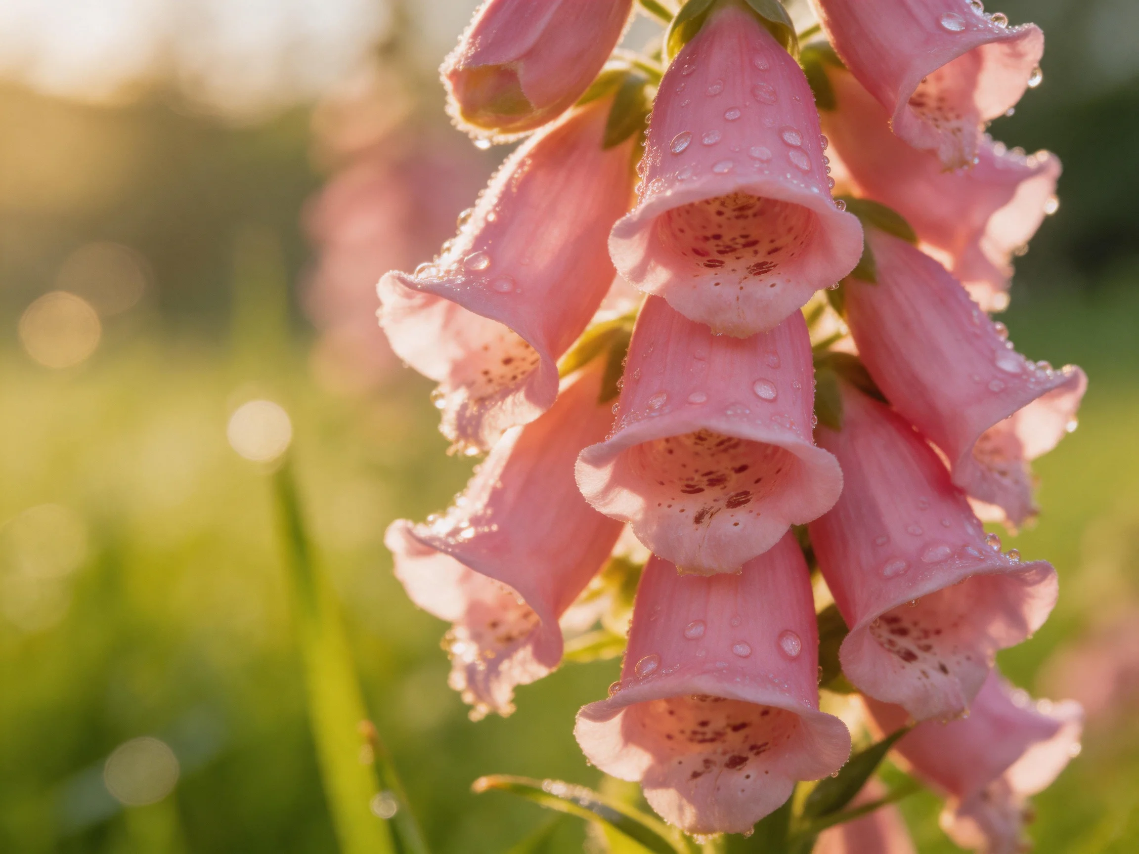 Pink foxgloves with water droplets glow in soft sunlight