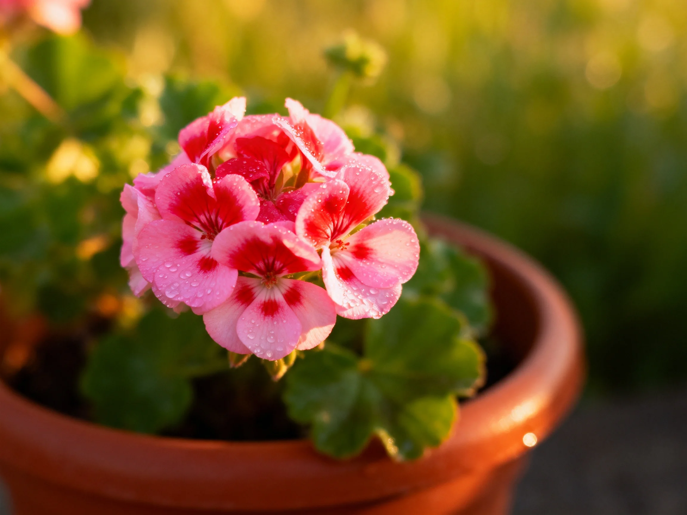 Pink geranium blooms with dewdrops in a terracotta pot