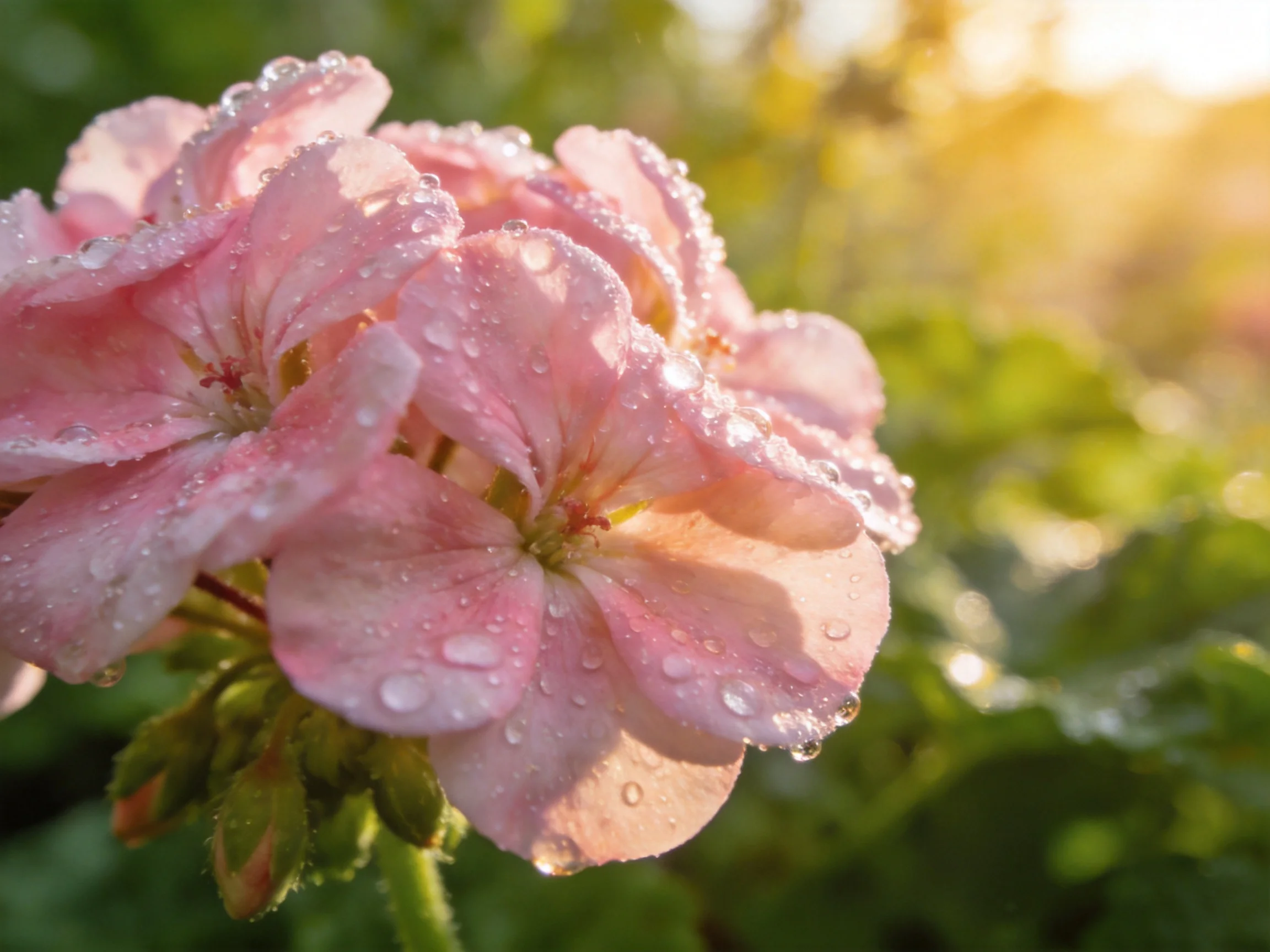 Pink geranium blooms with glistening water droplets