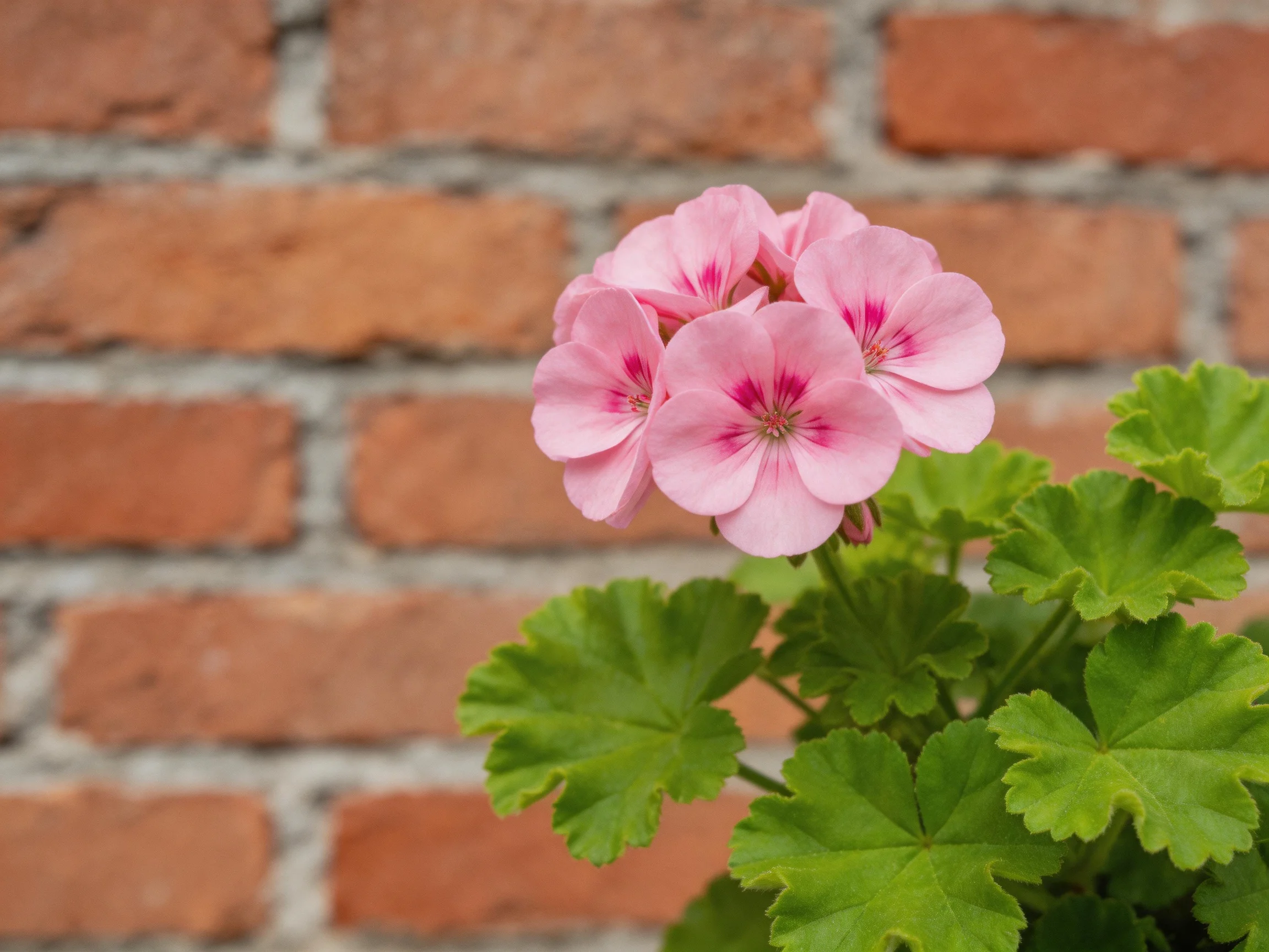 Pink geranium blooms with green foliage against a brick wall