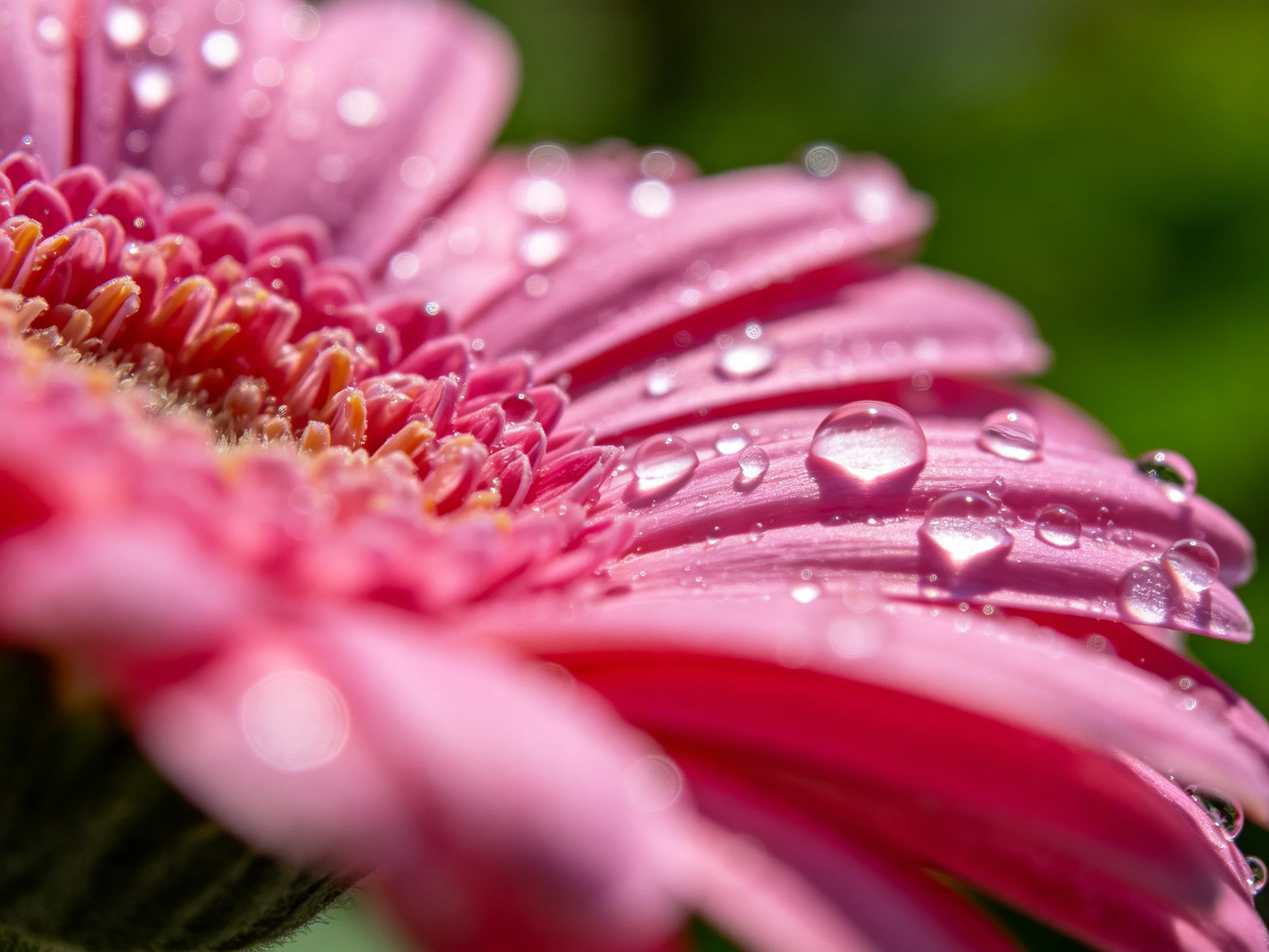 Pink gerbera flower with glistening water droplets on petals