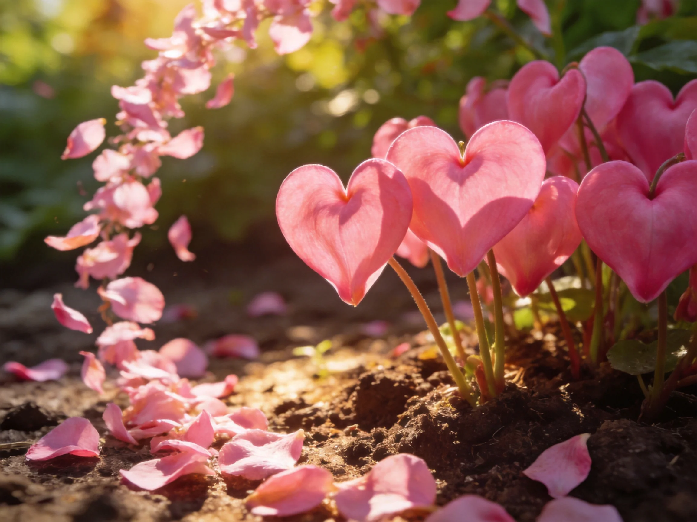 Pink heart - shaped flowers bloom near scattered petals on sunlit soil