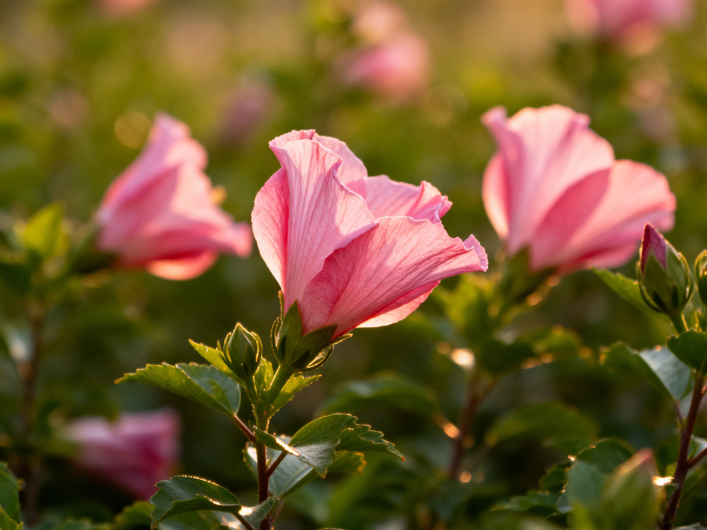 Pink hibiscus blooms glow amid lush green foliage