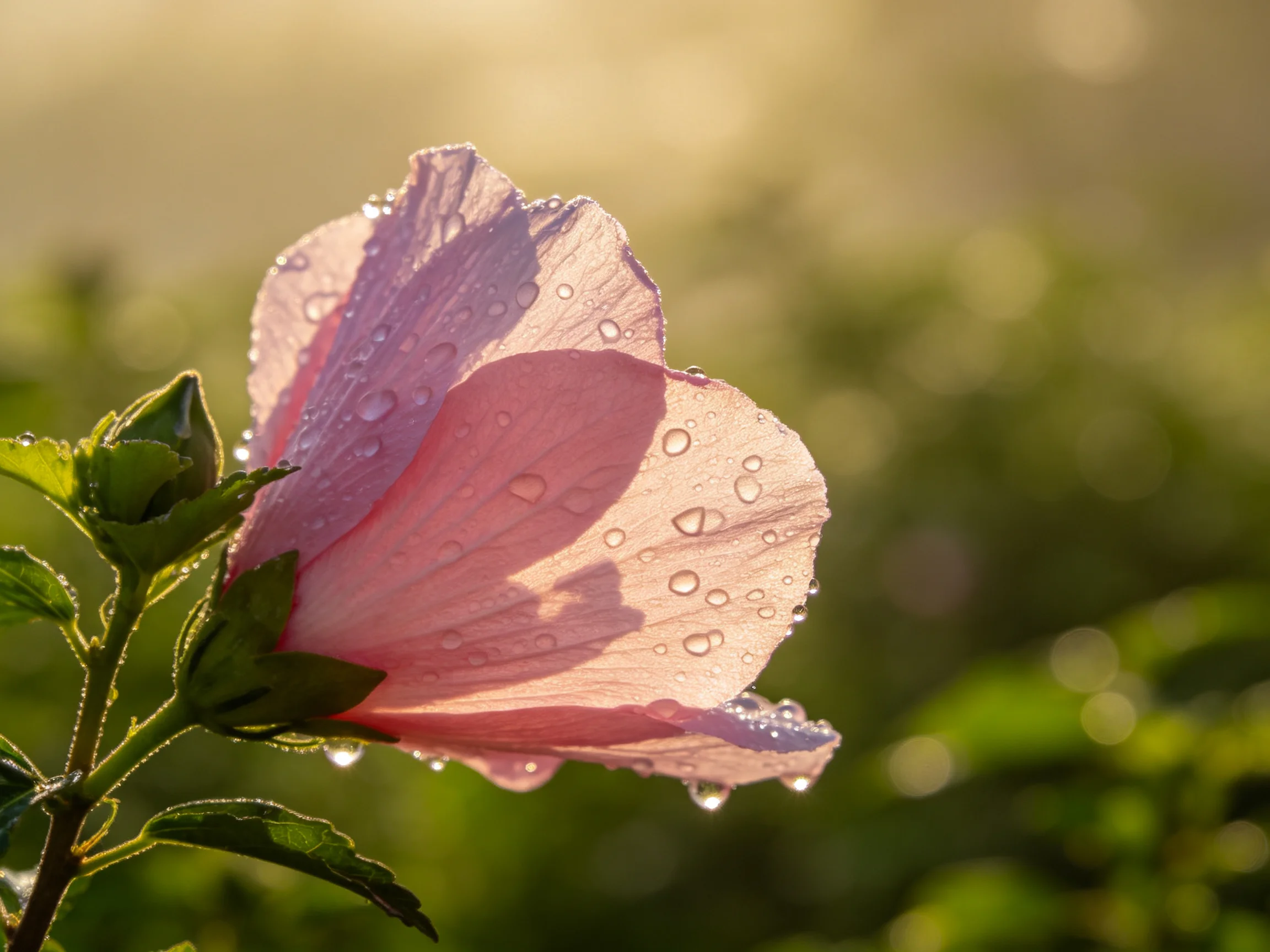 Pink hibiscus flower with dew drops against soft green bokeh