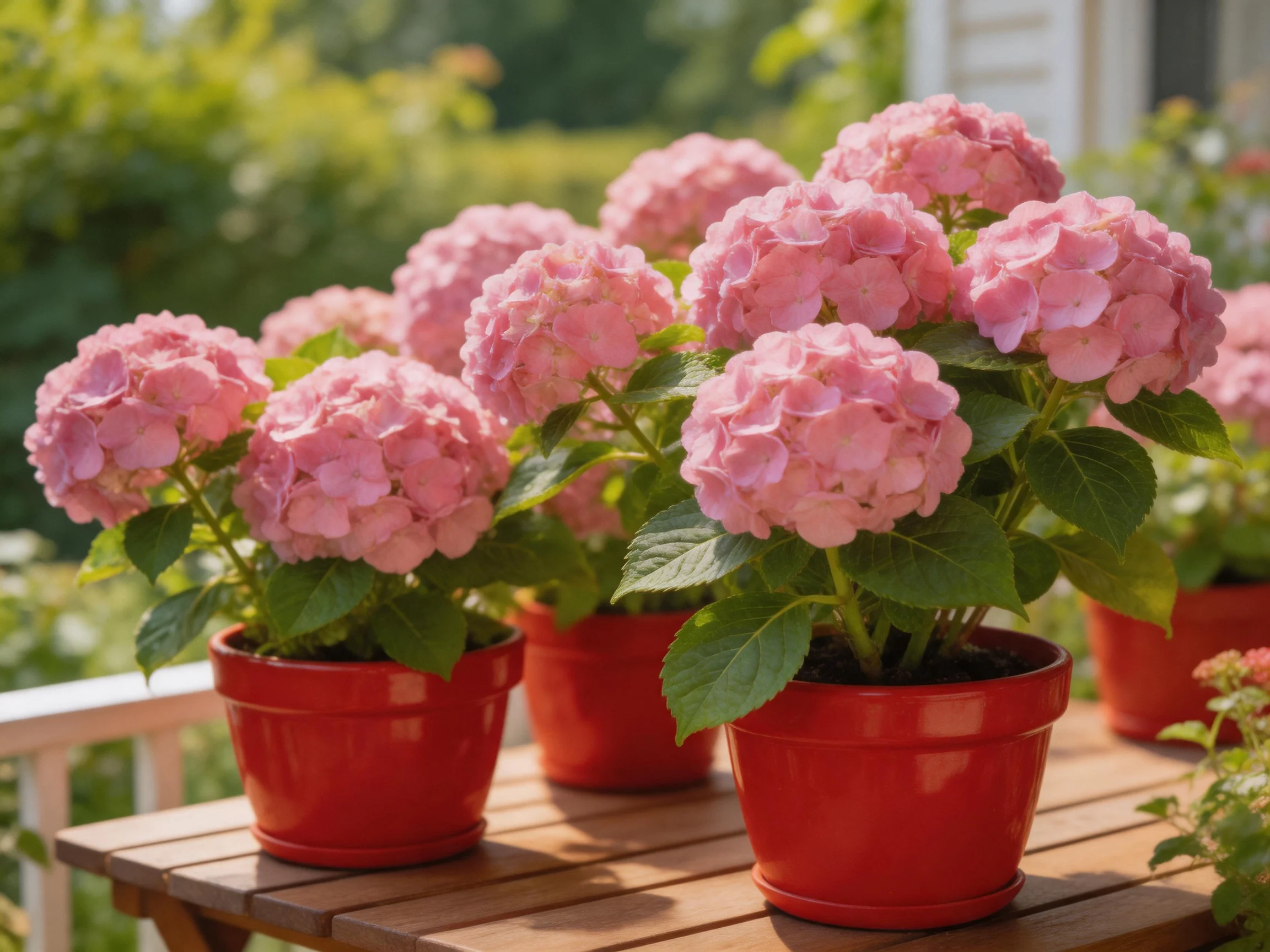 Pink hydrangea blooms in red pots arranged on a wooden table
